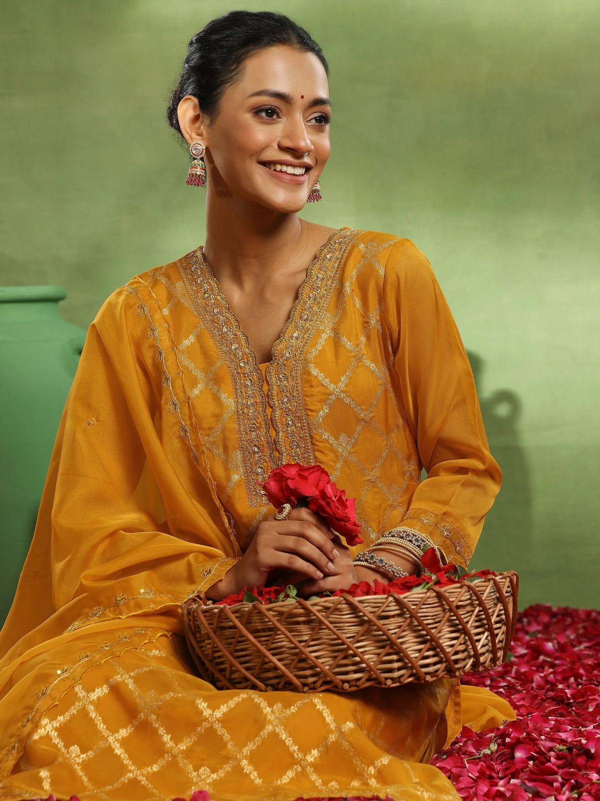 Anouk Yellow Woven Design Organza Straight Suit With Dupatta