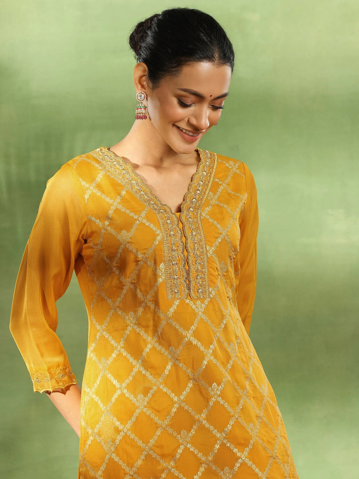 Anouk Yellow Woven Design Organza Straight Suit With Dupatta