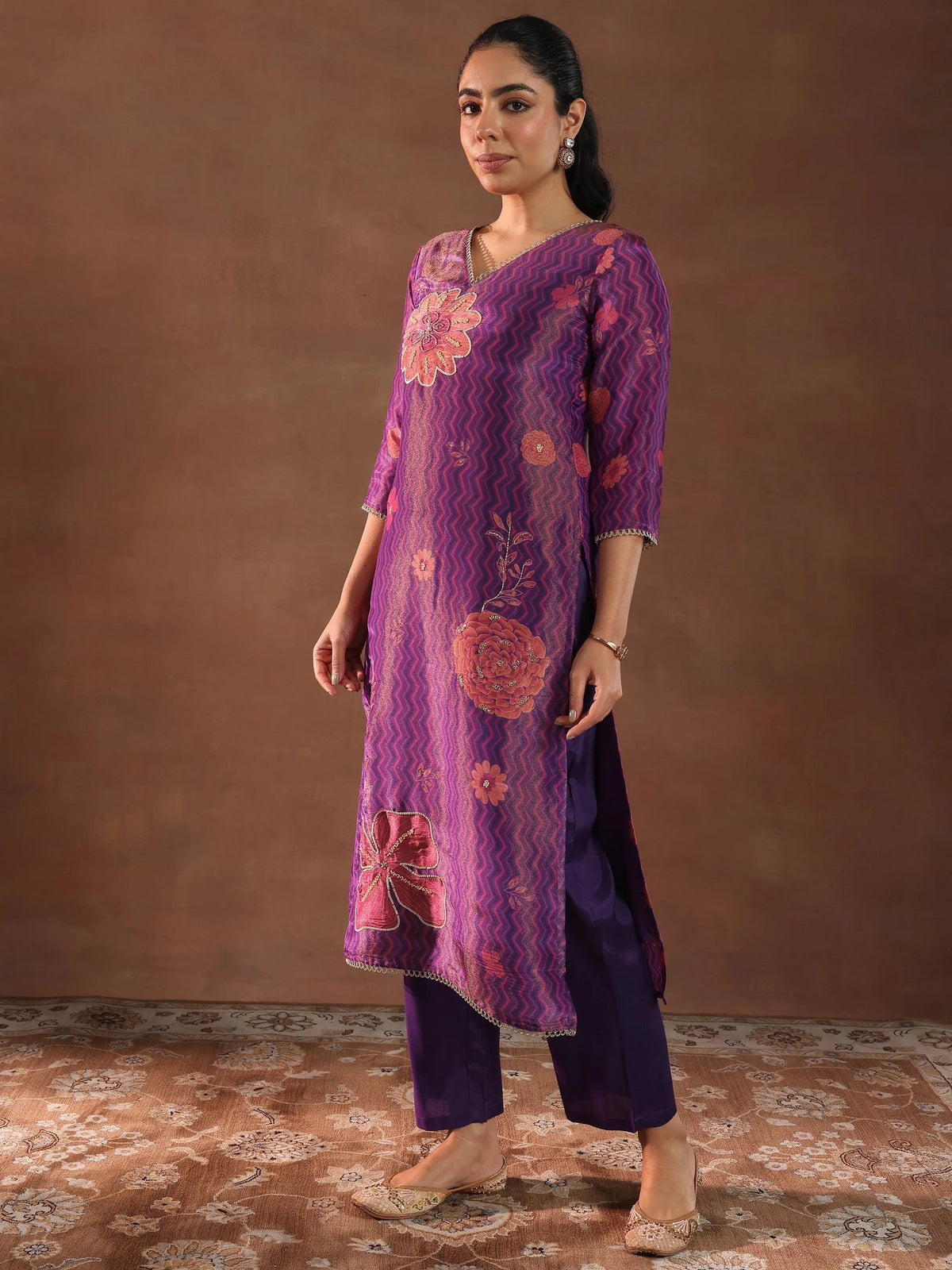 Anouk Purple Printed Silk Blend Straight Suit With Dupatta