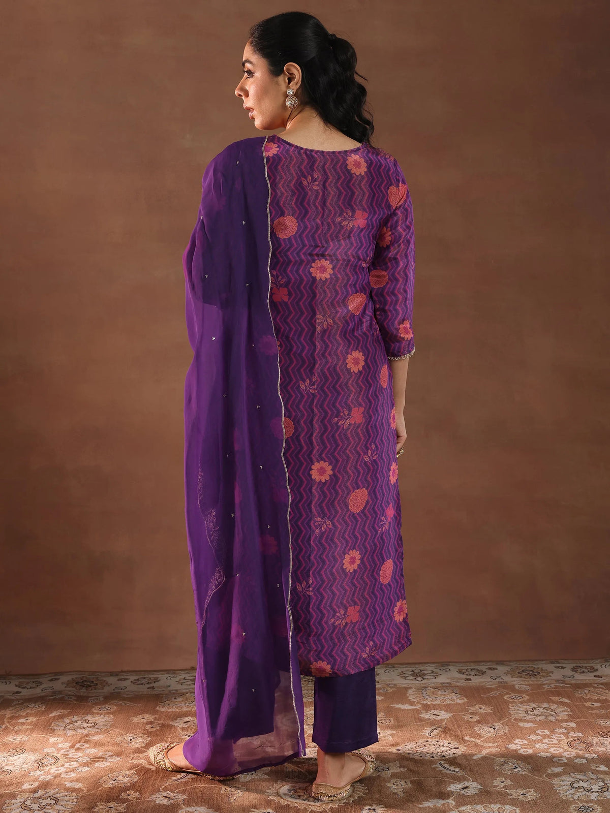 Anouk Purple Printed Silk Blend Straight Suit With Dupatta