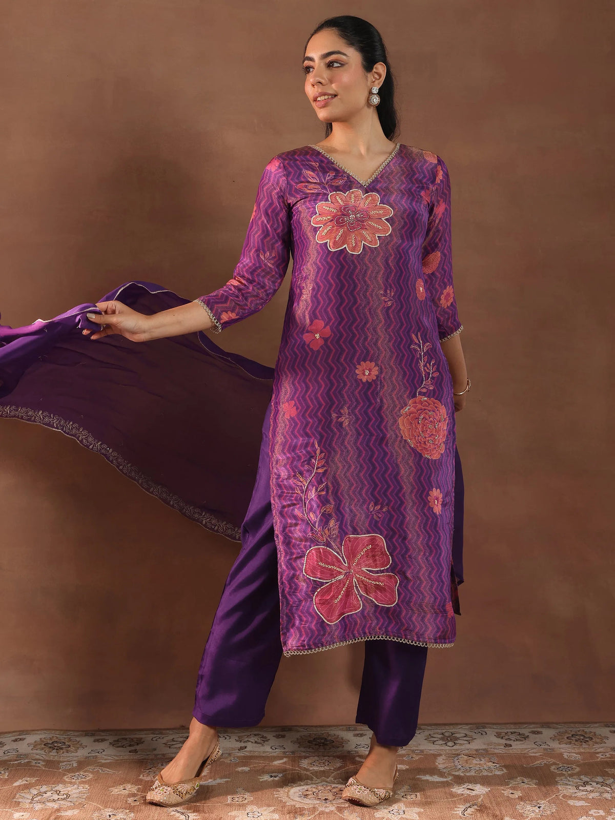 Anouk Purple Printed Silk Blend Straight Suit With Dupatta