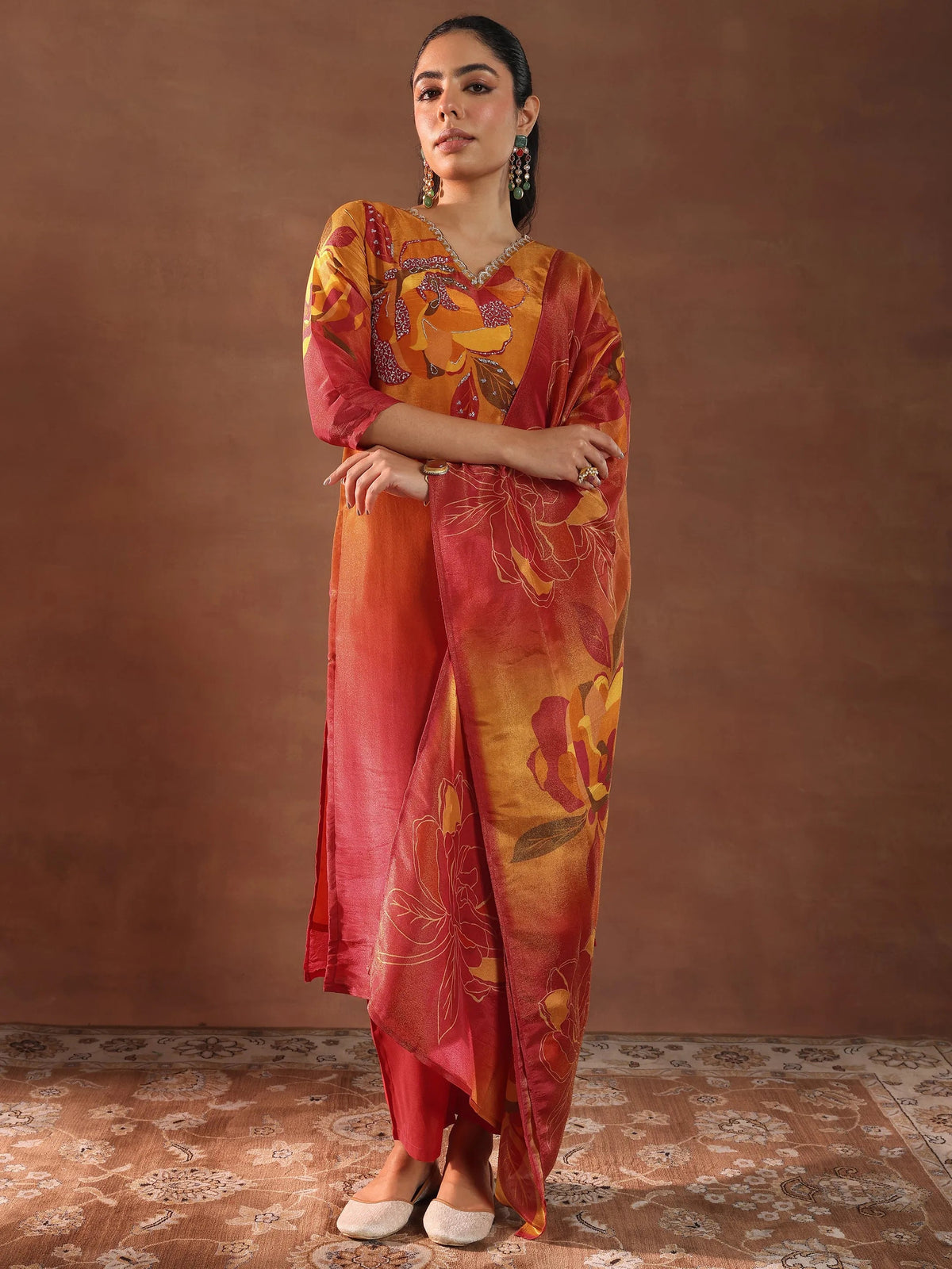 Anouk Orange Printed Silk Blend Straight Suit With Dupatta