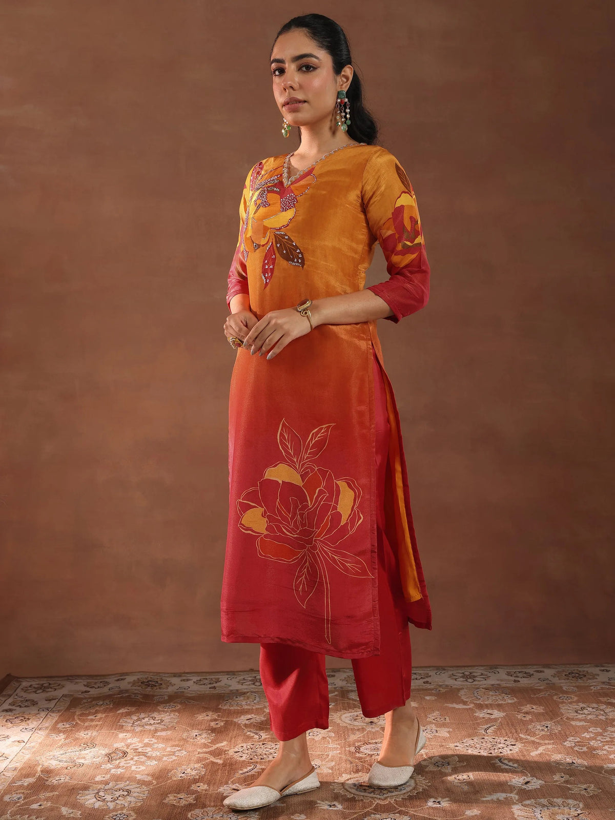 Anouk Orange Printed Silk Blend Straight Suit With Dupatta