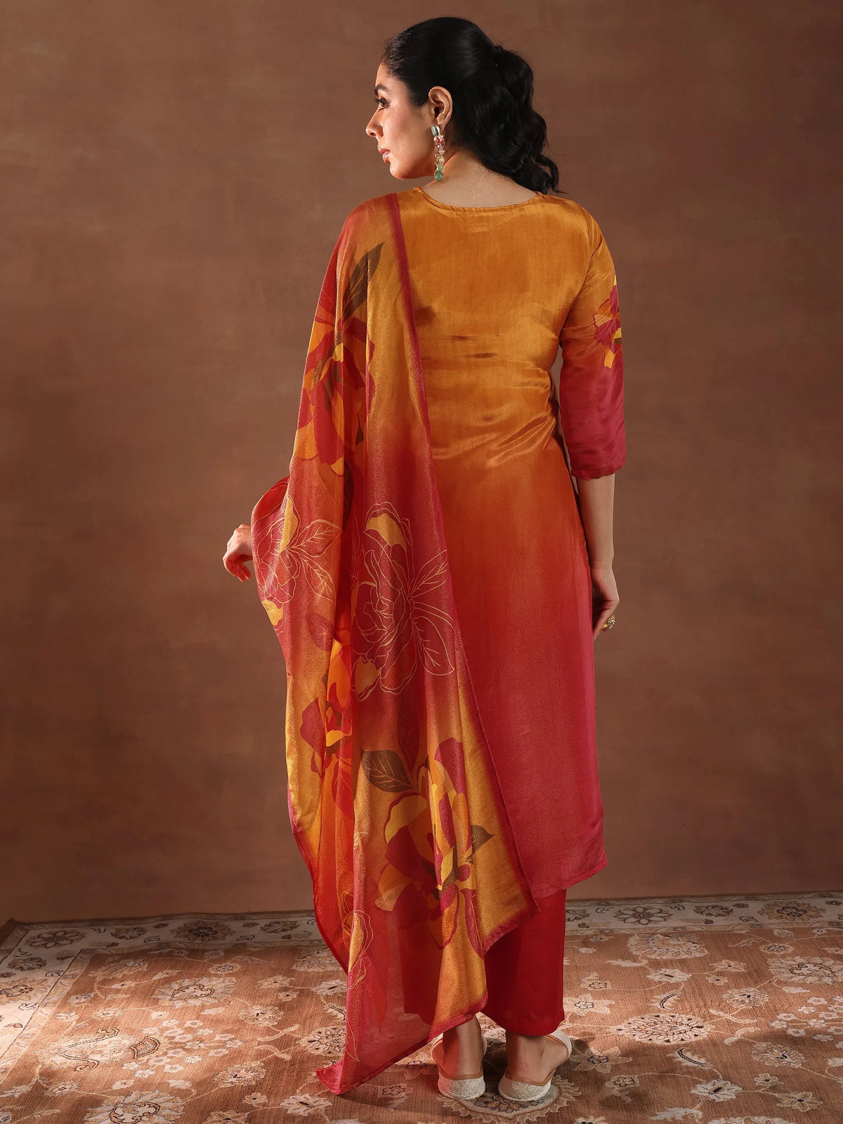 Anouk Orange Printed Silk Blend Straight Suit With Dupatta