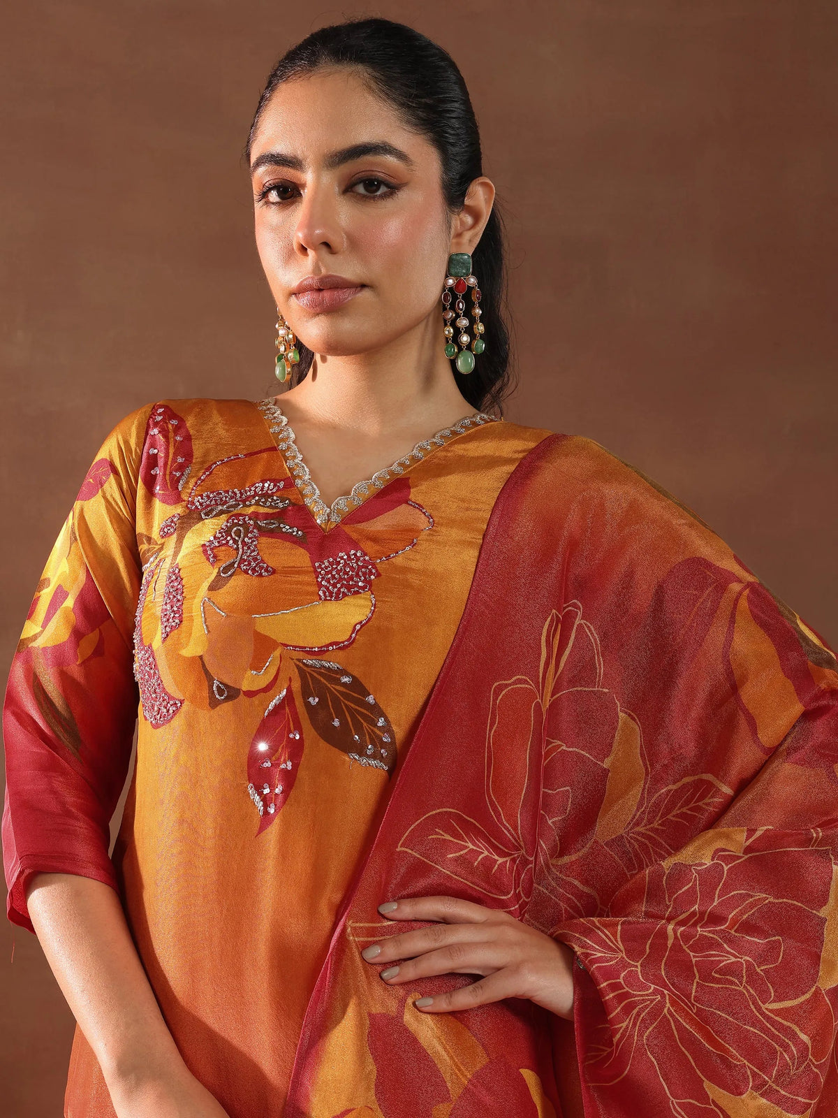 Anouk Orange Printed Silk Blend Straight Suit With Dupatta