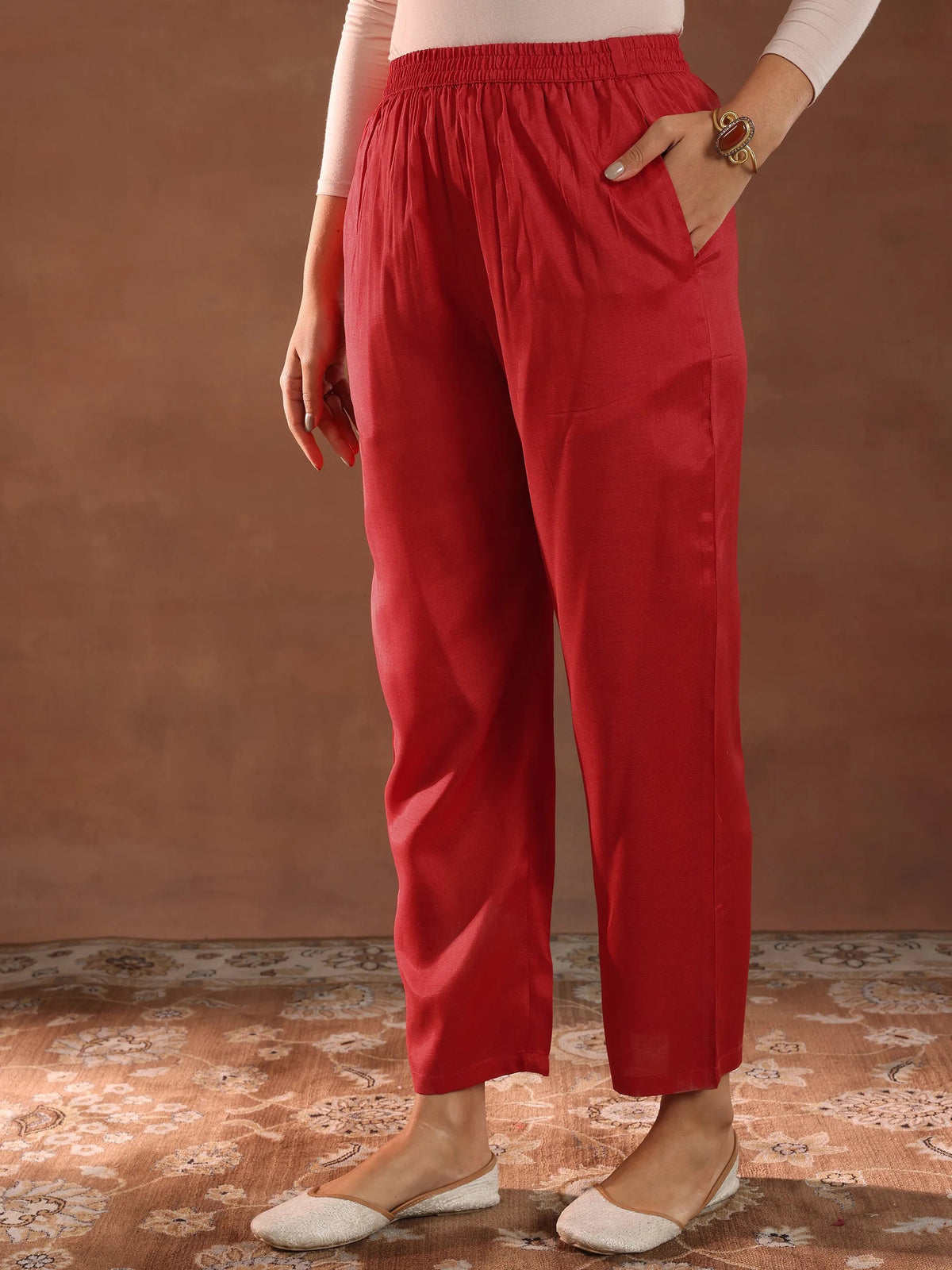 Anouk Orange Printed Silk Blend Straight Suit With Dupatta