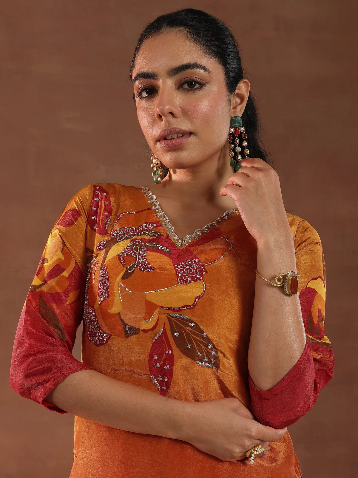 Anouk Orange Printed Silk Blend Straight Suit With Dupatta