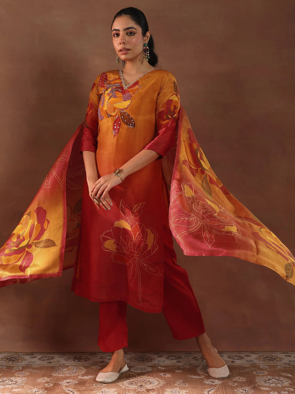 Anouk Orange Printed Silk Blend Straight Suit With Dupatta