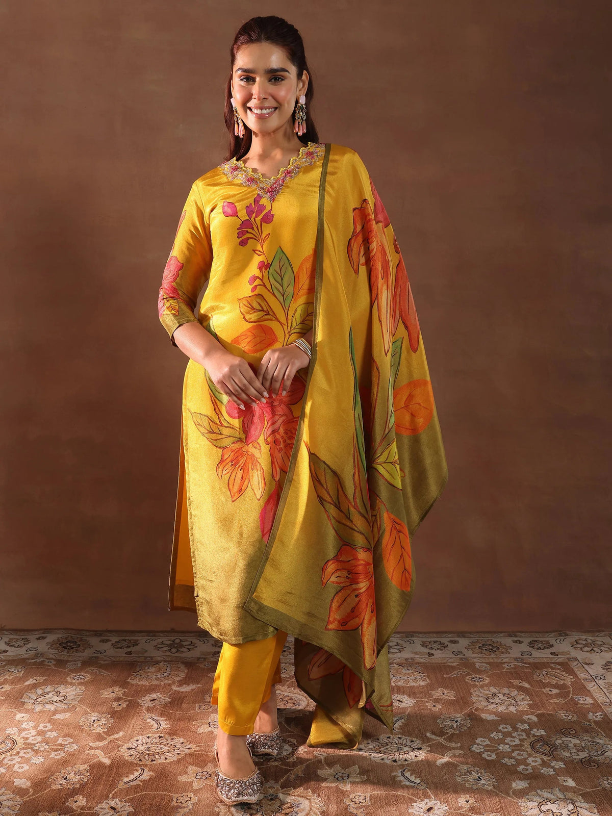 Anouk Mustard Printed Silk Blend Straight Suit With Dupatta