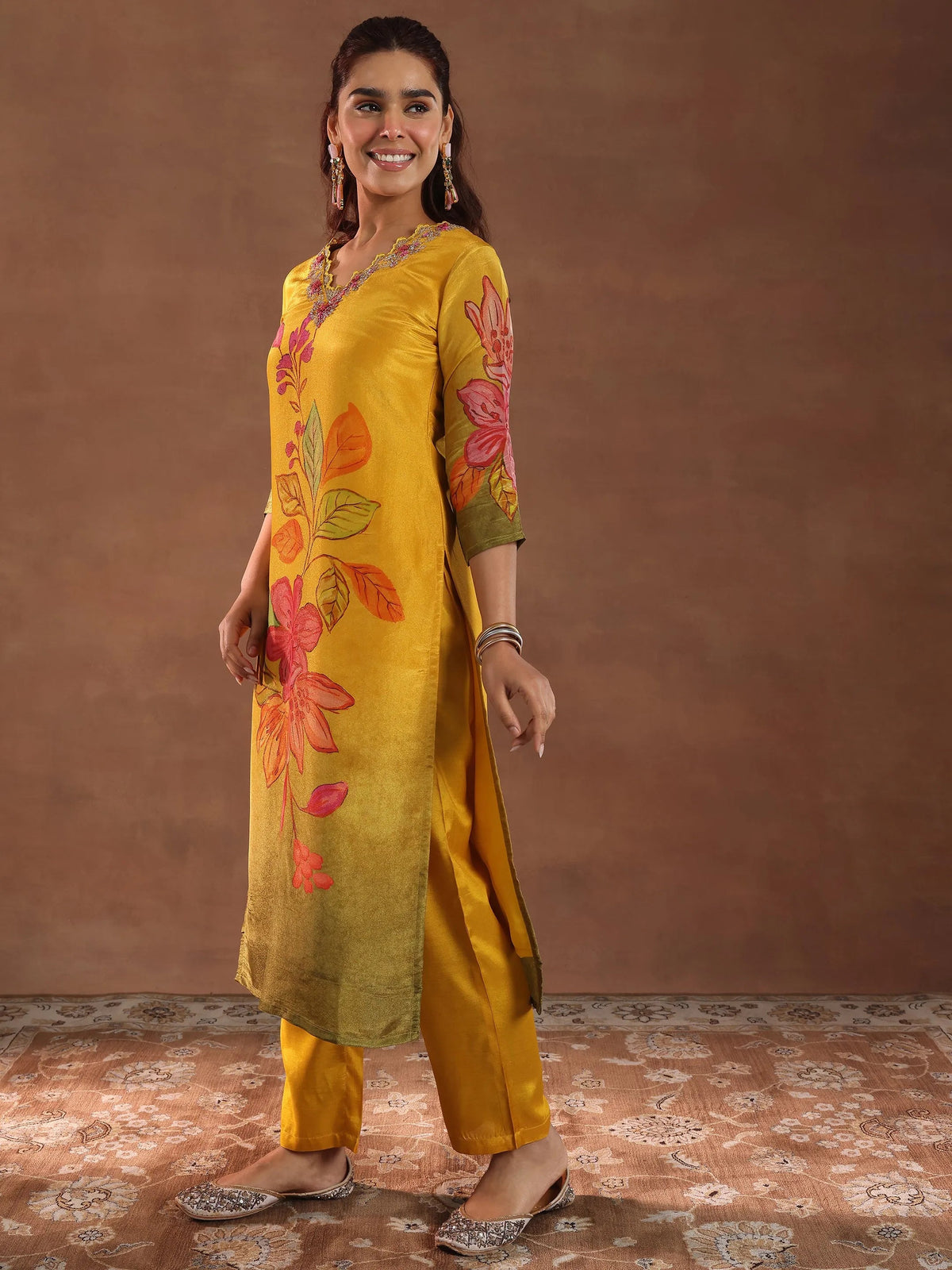 Anouk Mustard Printed Silk Blend Straight Suit With Dupatta