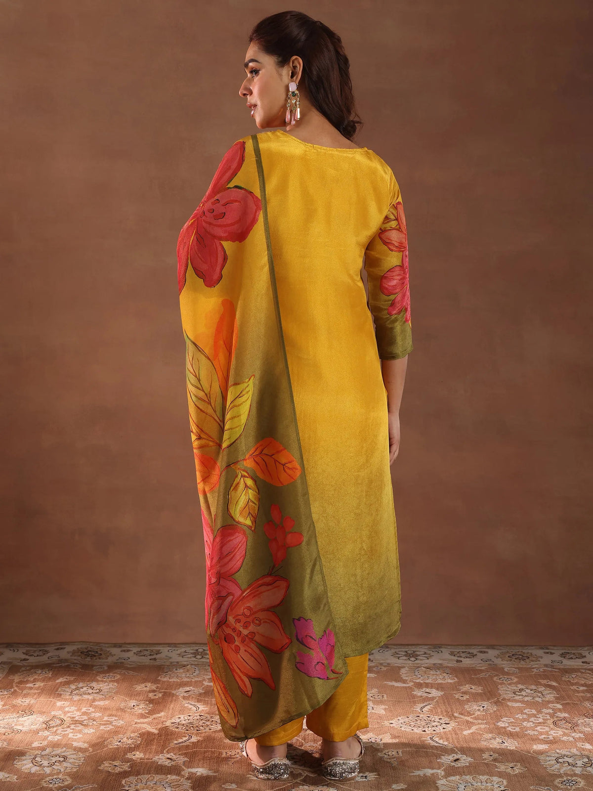 Anouk Mustard Printed Silk Blend Straight Suit With Dupatta