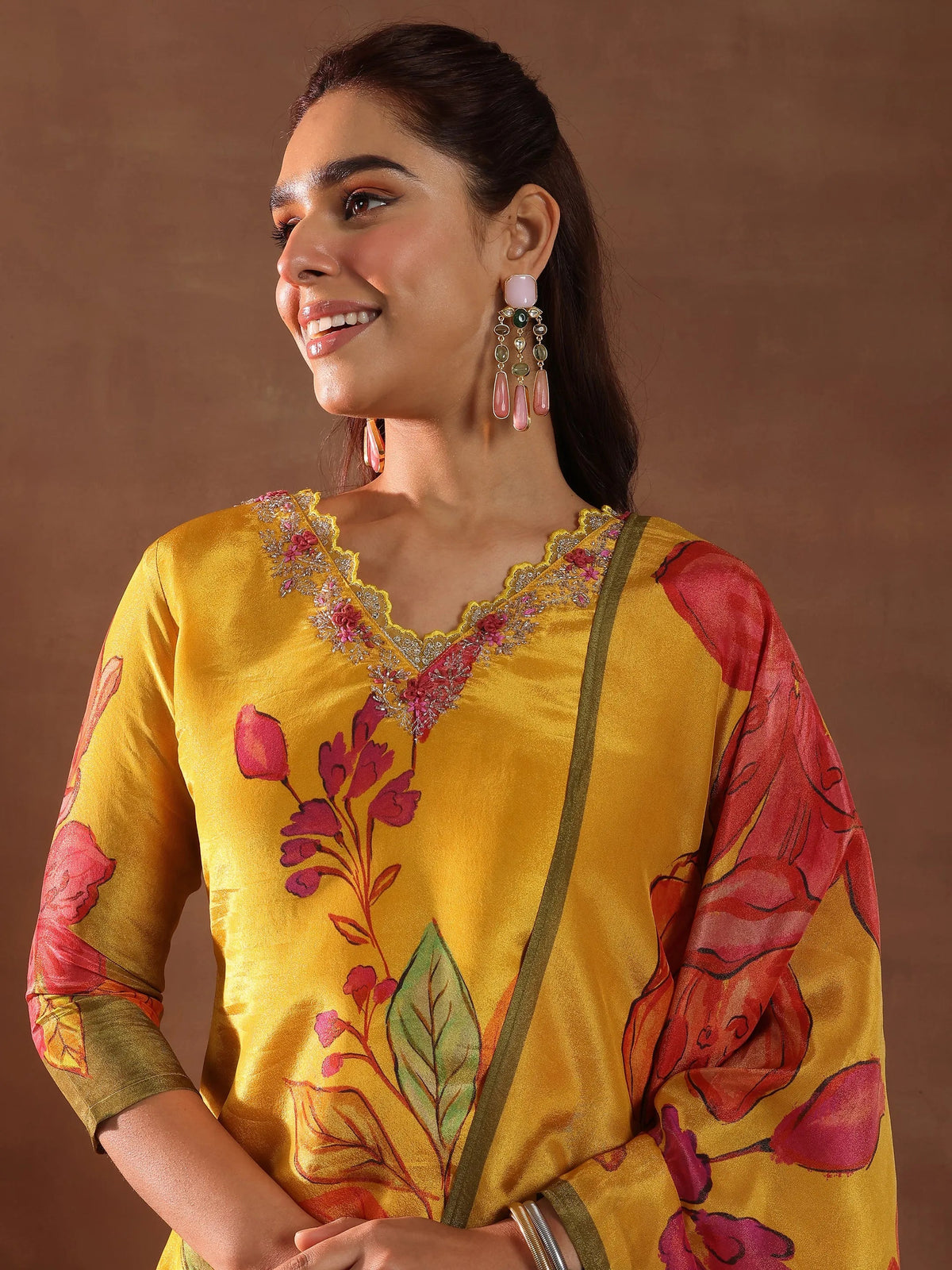 Anouk Mustard Printed Silk Blend Straight Suit With Dupatta