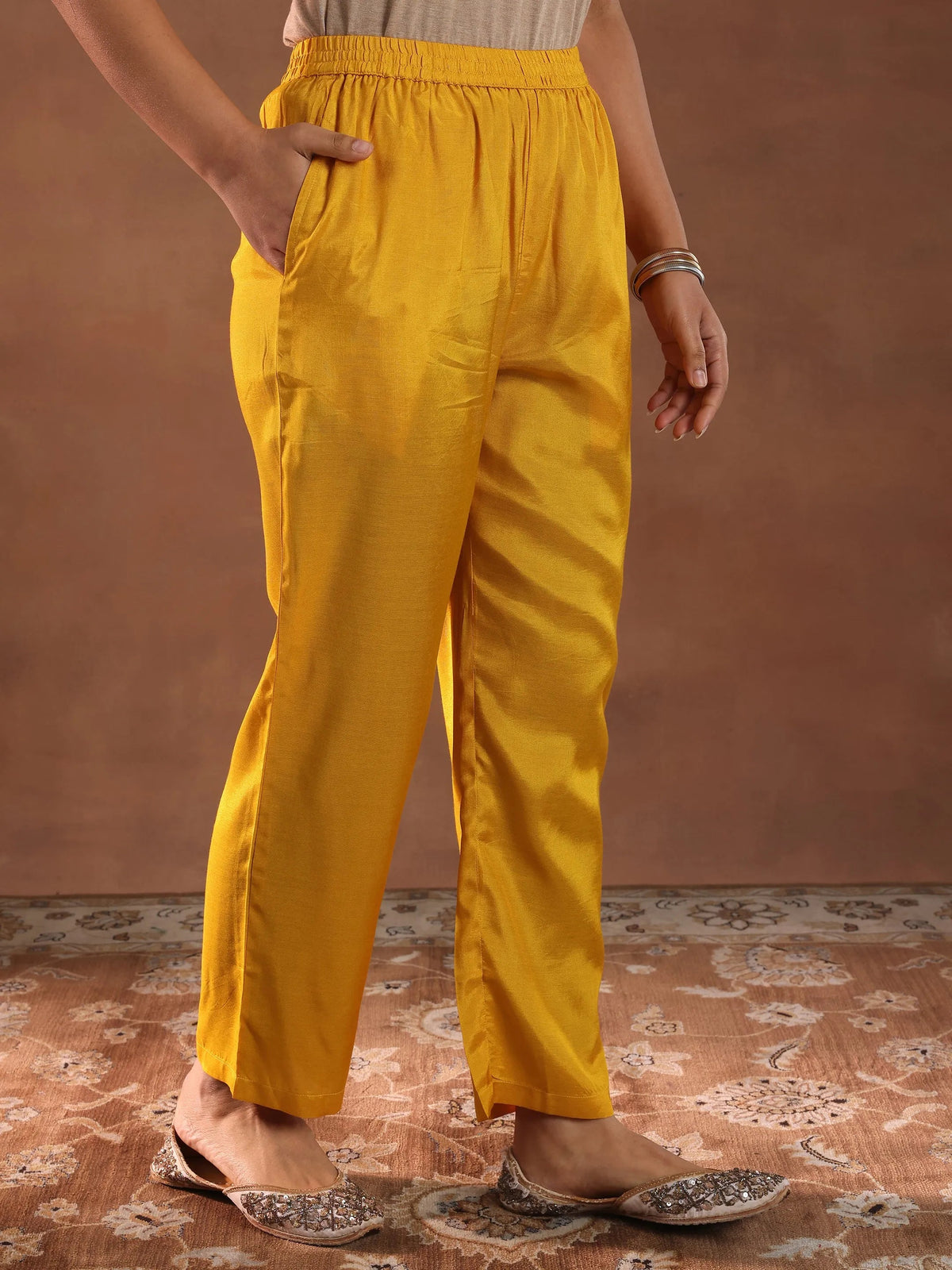 Anouk Mustard Printed Silk Blend Straight Suit With Dupatta