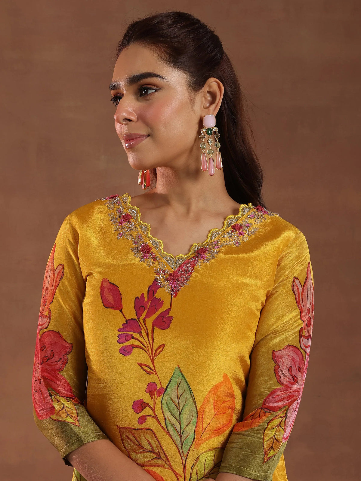 Anouk Mustard Printed Silk Blend Straight Suit With Dupatta