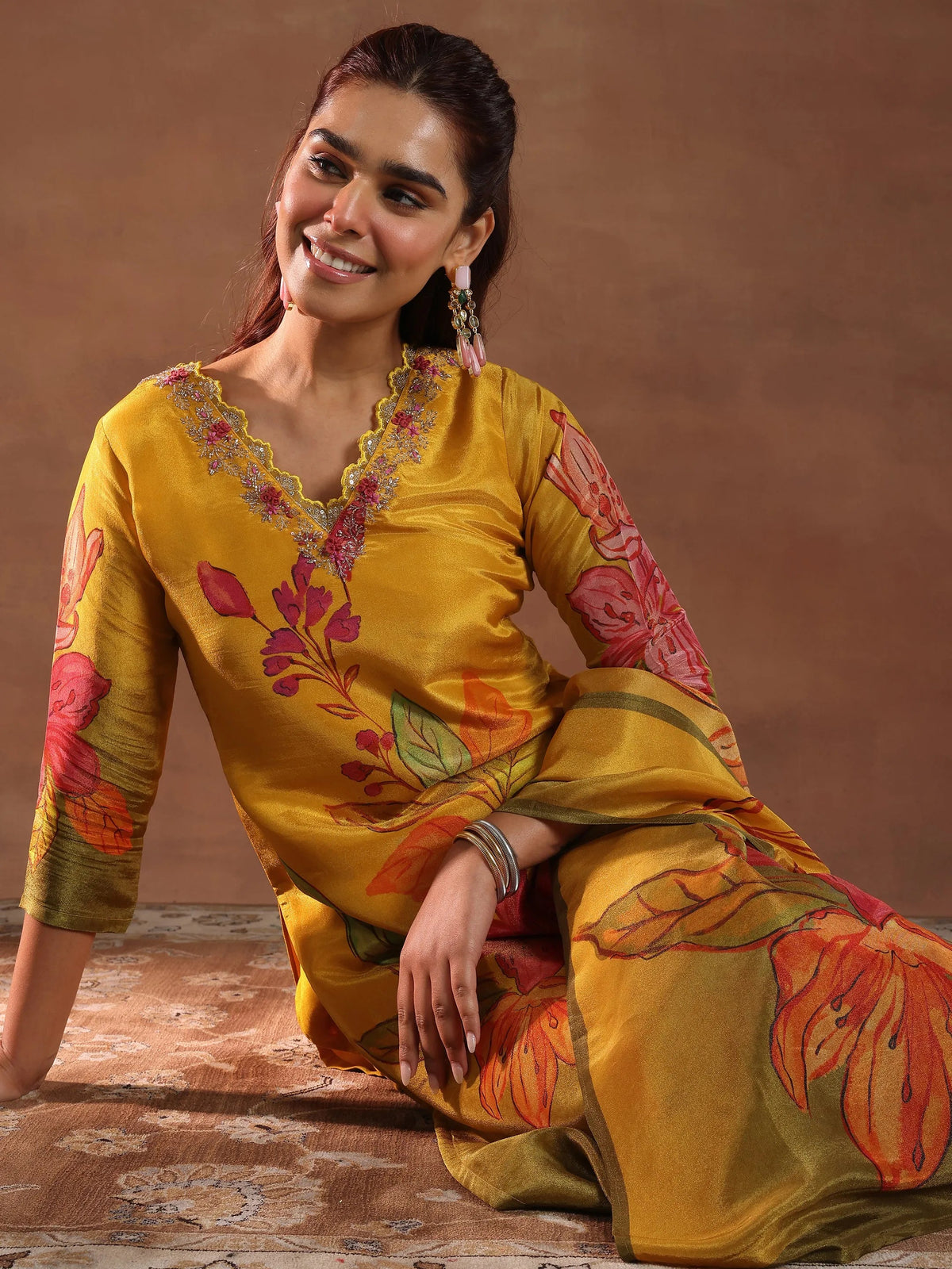 Anouk Mustard Printed Silk Blend Straight Suit With Dupatta