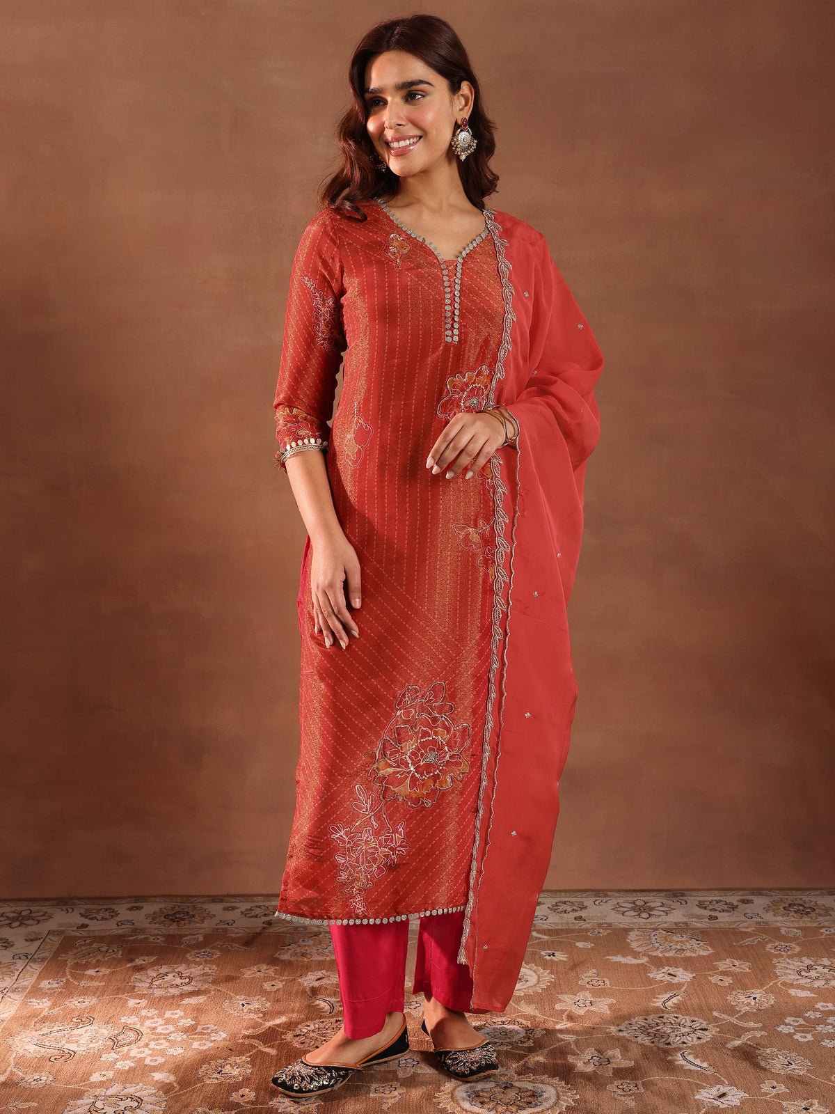 Anouk Red Printed Silk Blend Straight Suit With Dupatta
