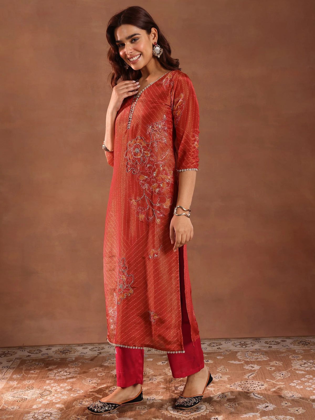 Anouk Red Printed Silk Blend Straight Suit With Dupatta