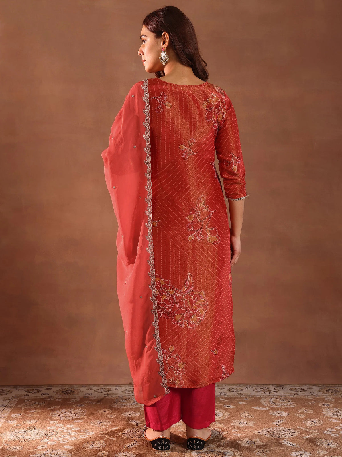 Anouk Red Printed Silk Blend Straight Suit With Dupatta