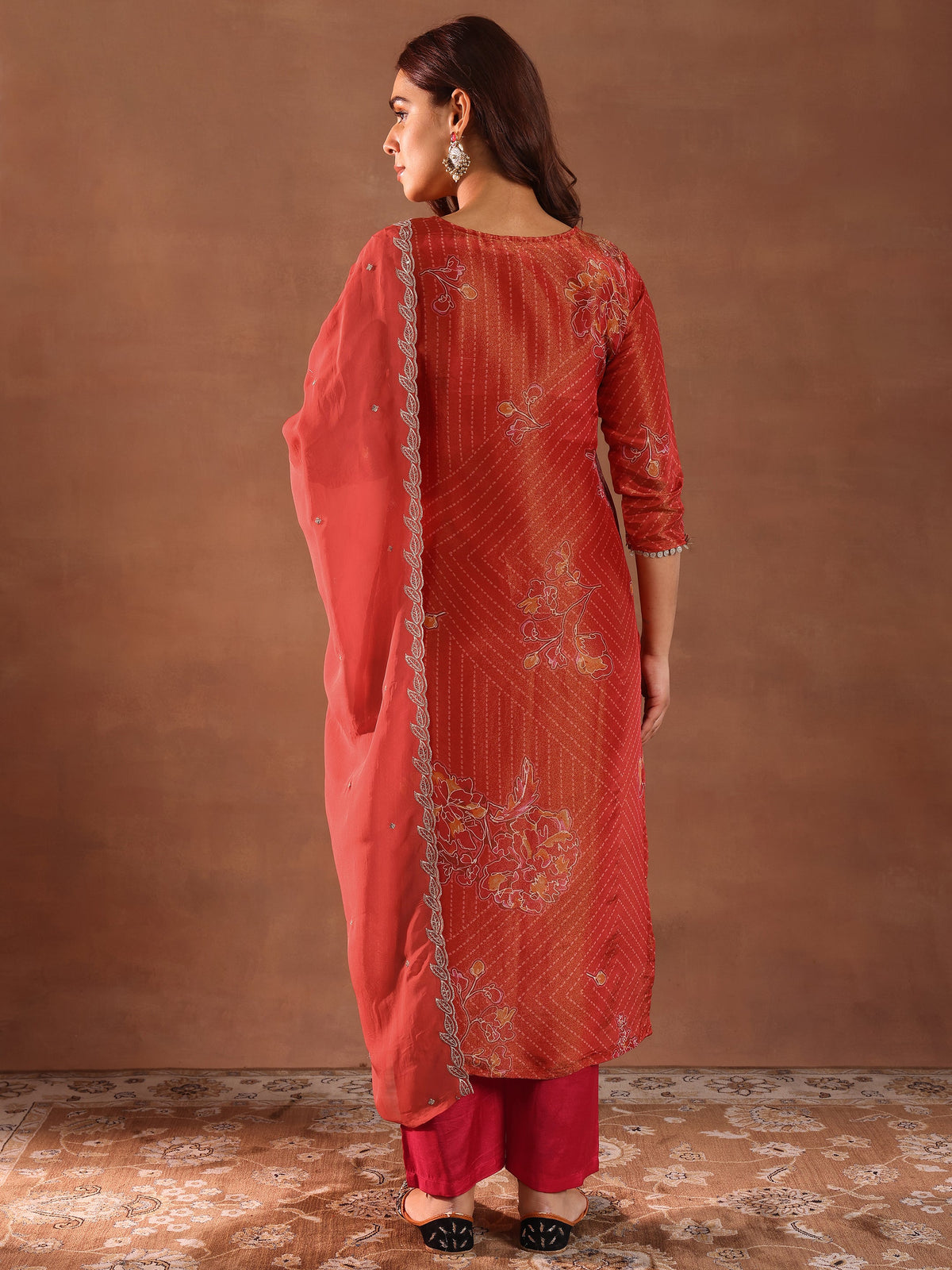 Anouk Red Printed Silk Blend Straight Suit With Dupatta