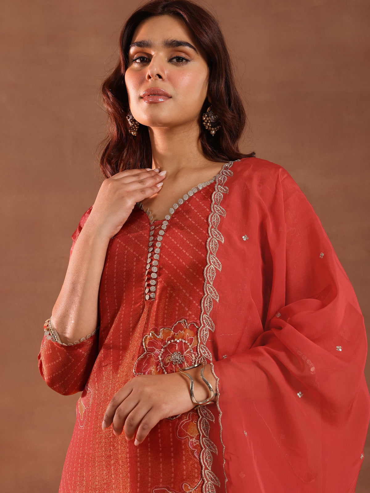 Anouk Red Printed Silk Blend Straight Suit With Dupatta