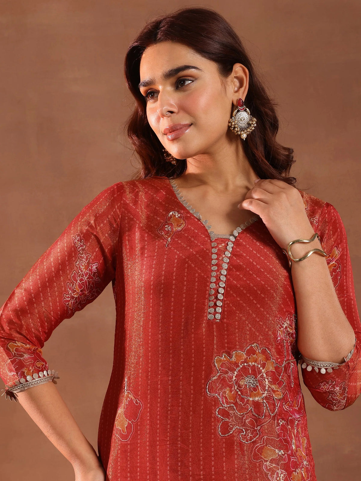 Anouk Red Printed Silk Blend Straight Suit With Dupatta