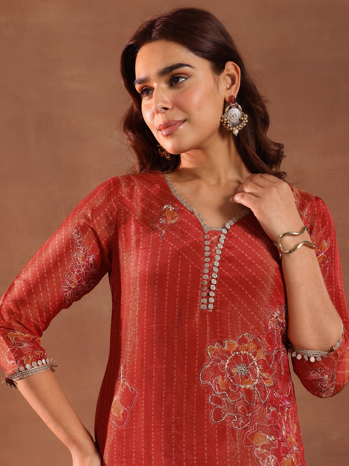 Anouk Red Printed Silk Blend Straight Suit With Dupatta