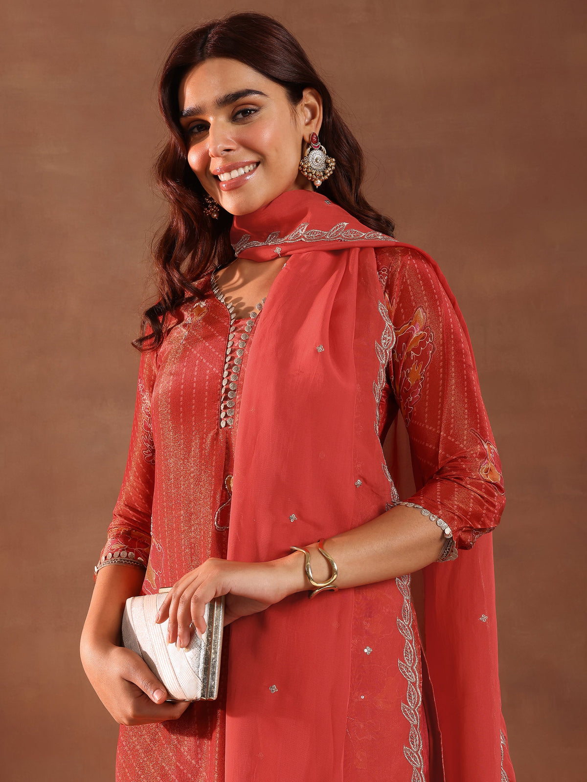 Anouk Red Printed Silk Blend Straight Suit With Dupatta