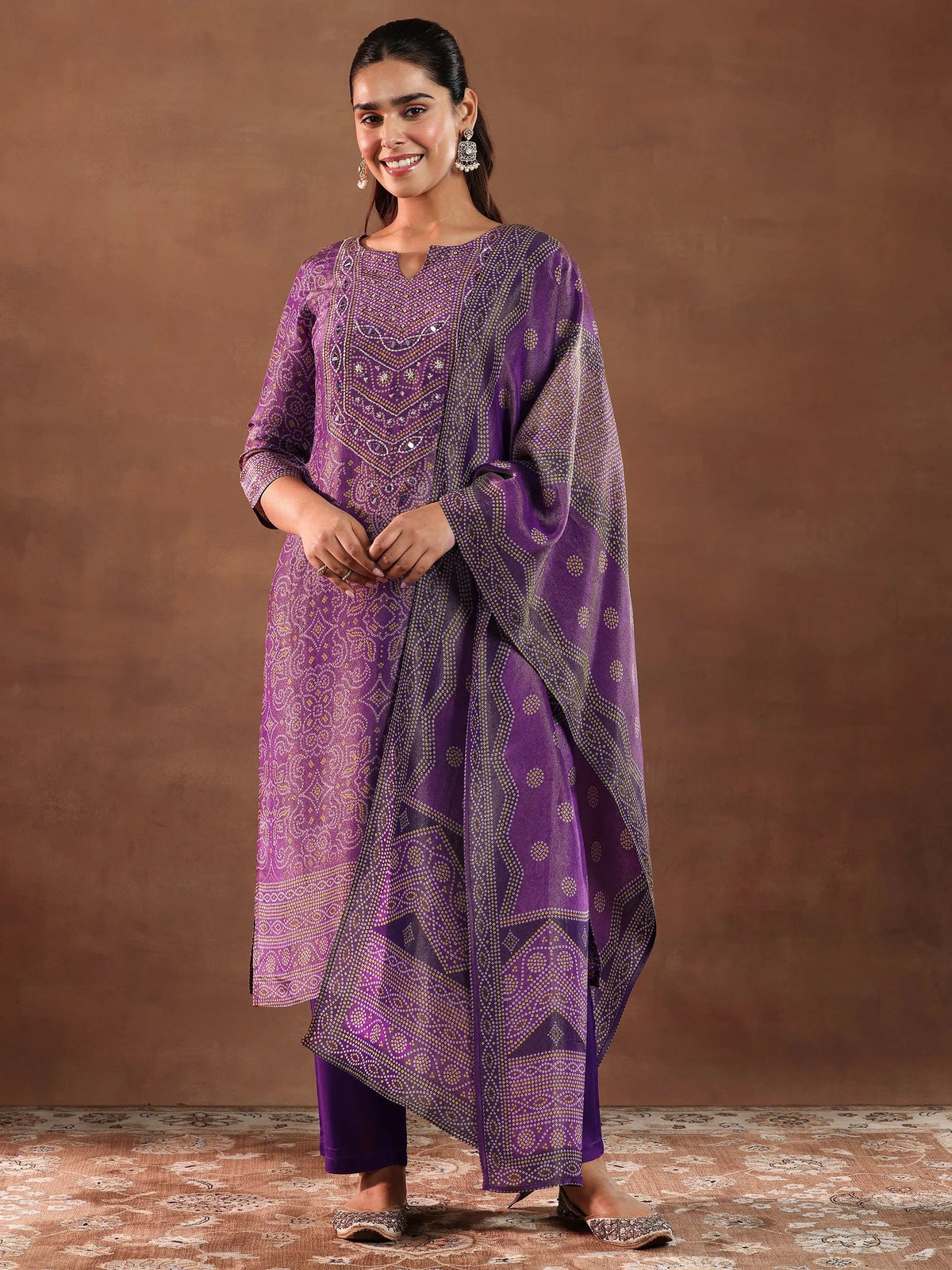 Anouk Purple Printed Silk Blend Straight Suit With Dupatta