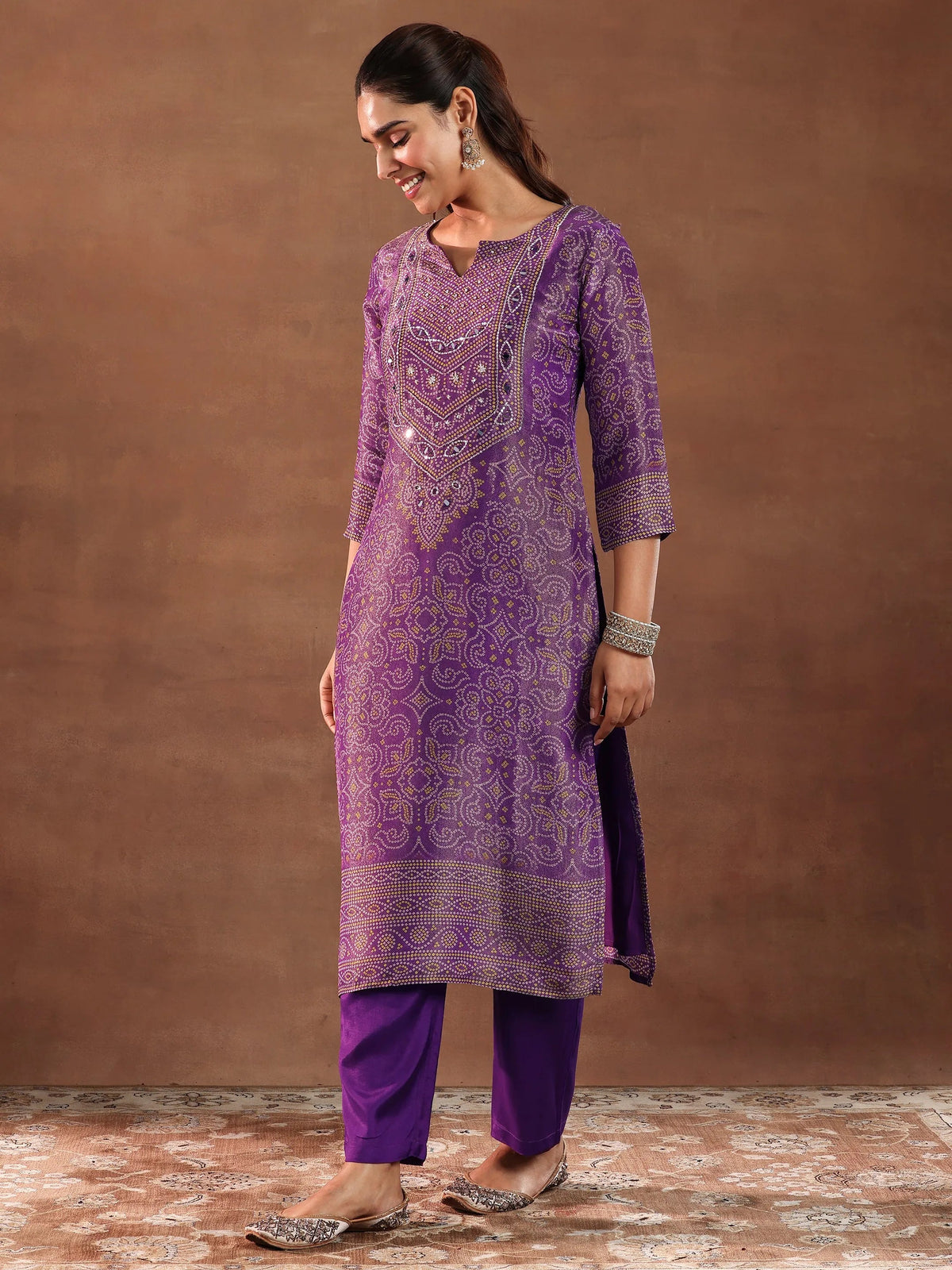 Anouk Purple Printed Silk Blend Straight Suit With Dupatta