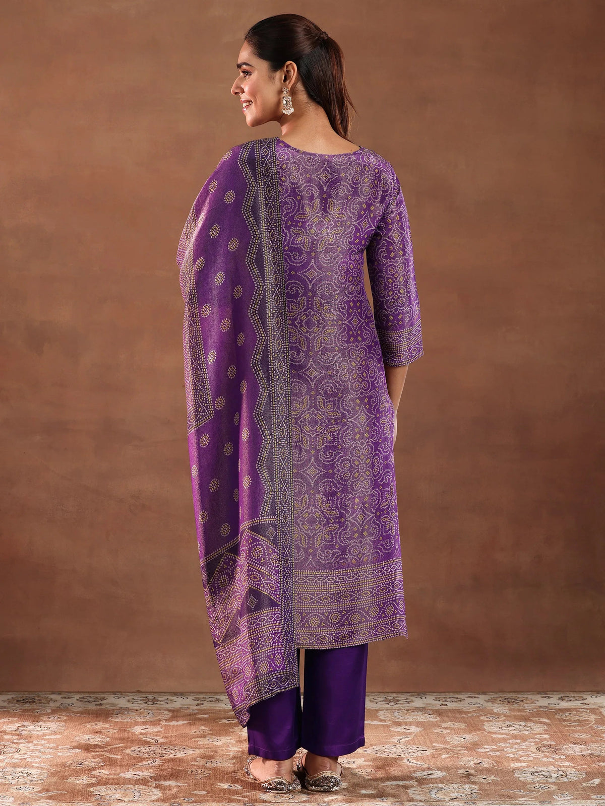 Anouk Purple Printed Silk Blend Straight Suit With Dupatta