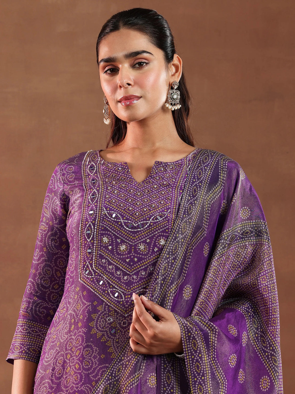 Anouk Purple Printed Silk Blend Straight Suit With Dupatta