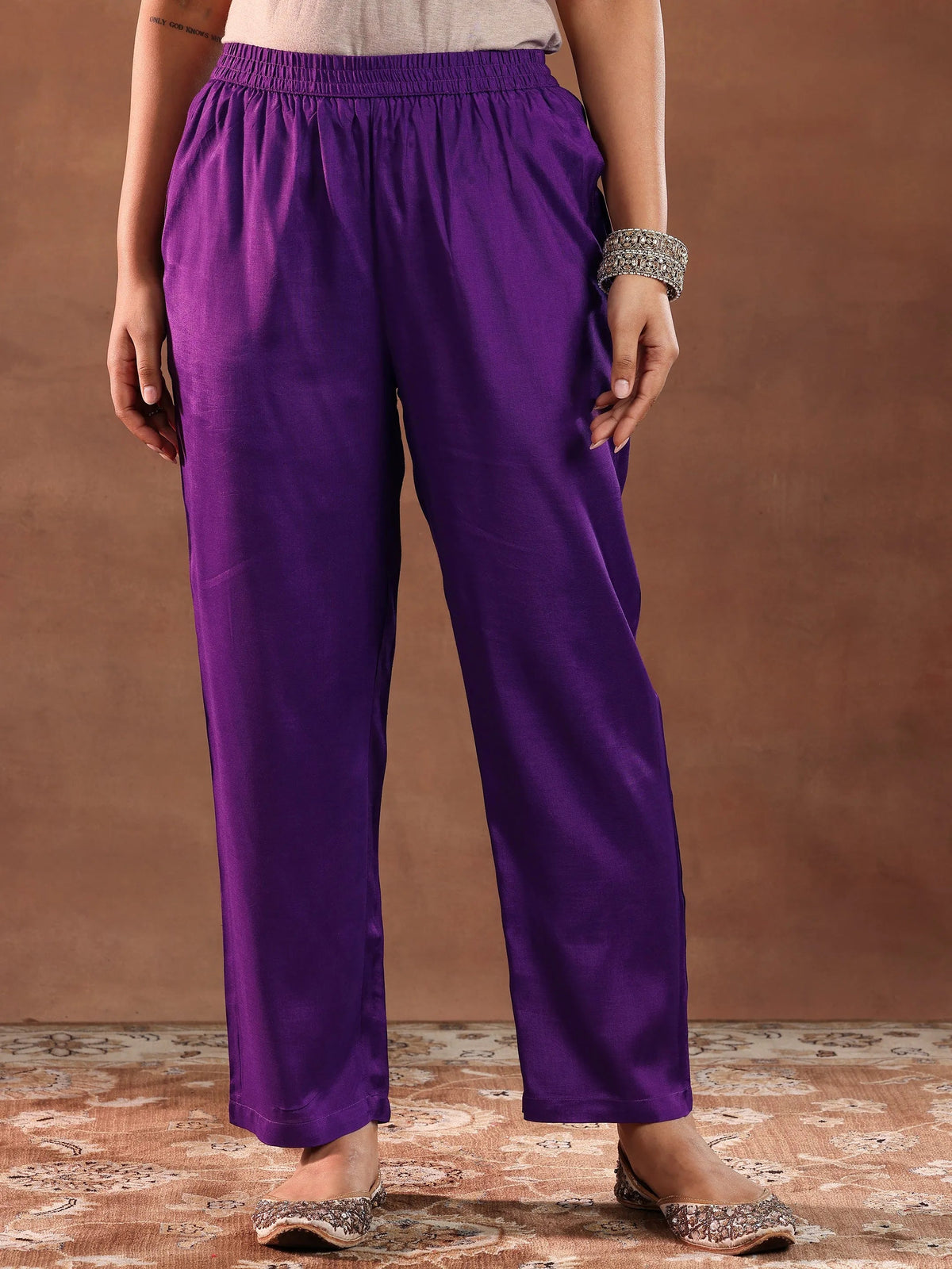 Anouk Purple Printed Silk Blend Straight Suit With Dupatta