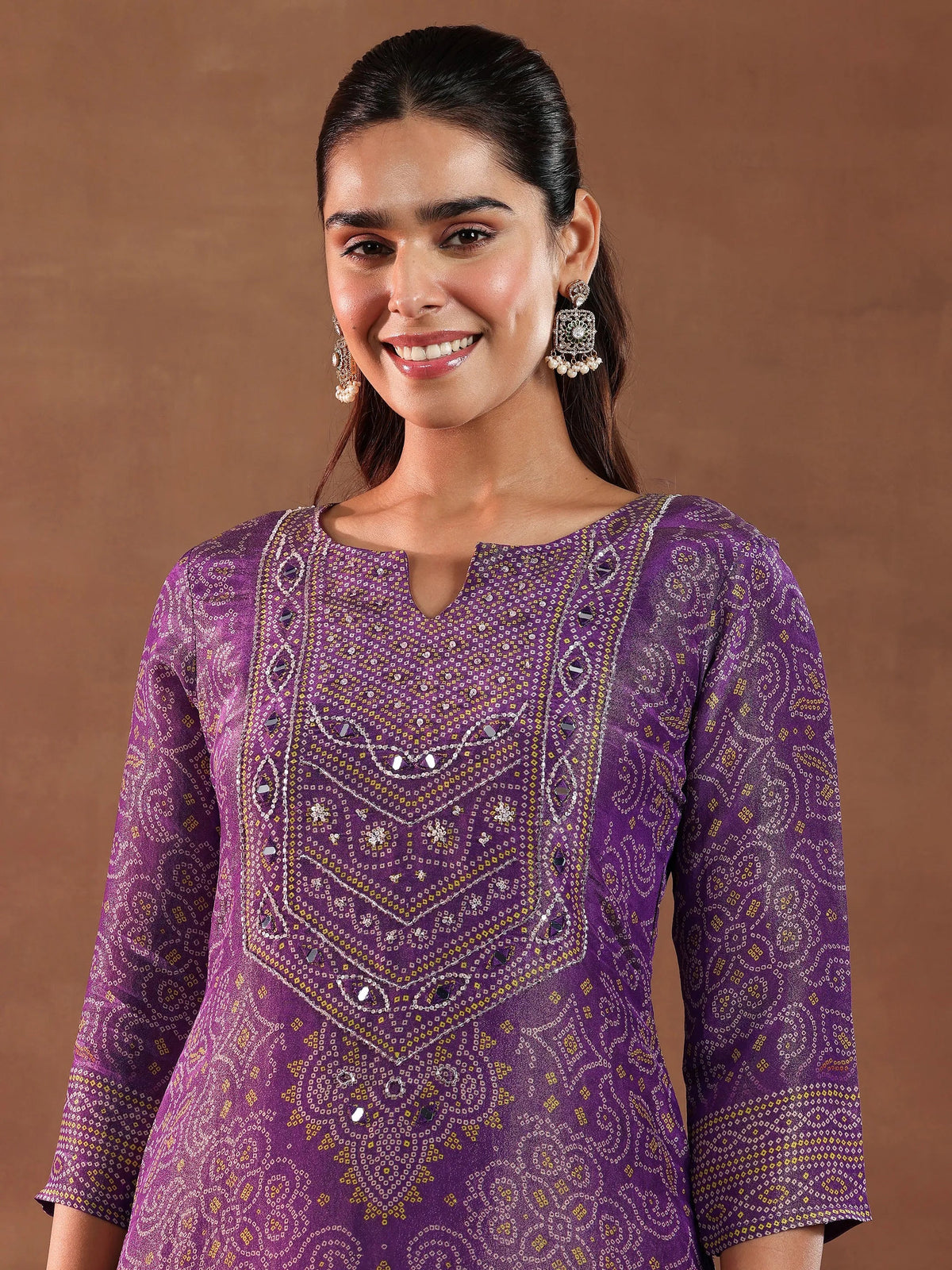 Anouk Purple Printed Silk Blend Straight Suit With Dupatta