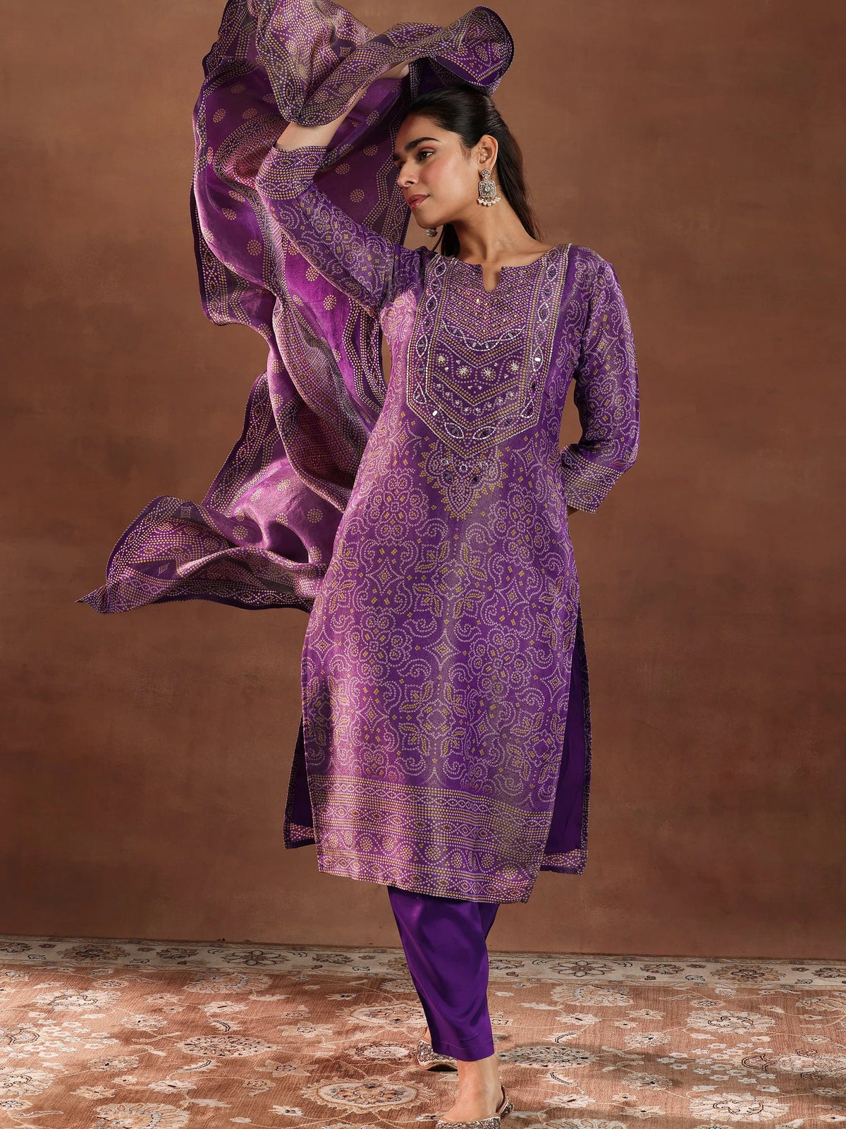 Anouk Purple Printed Silk Blend Straight Suit With Dupatta