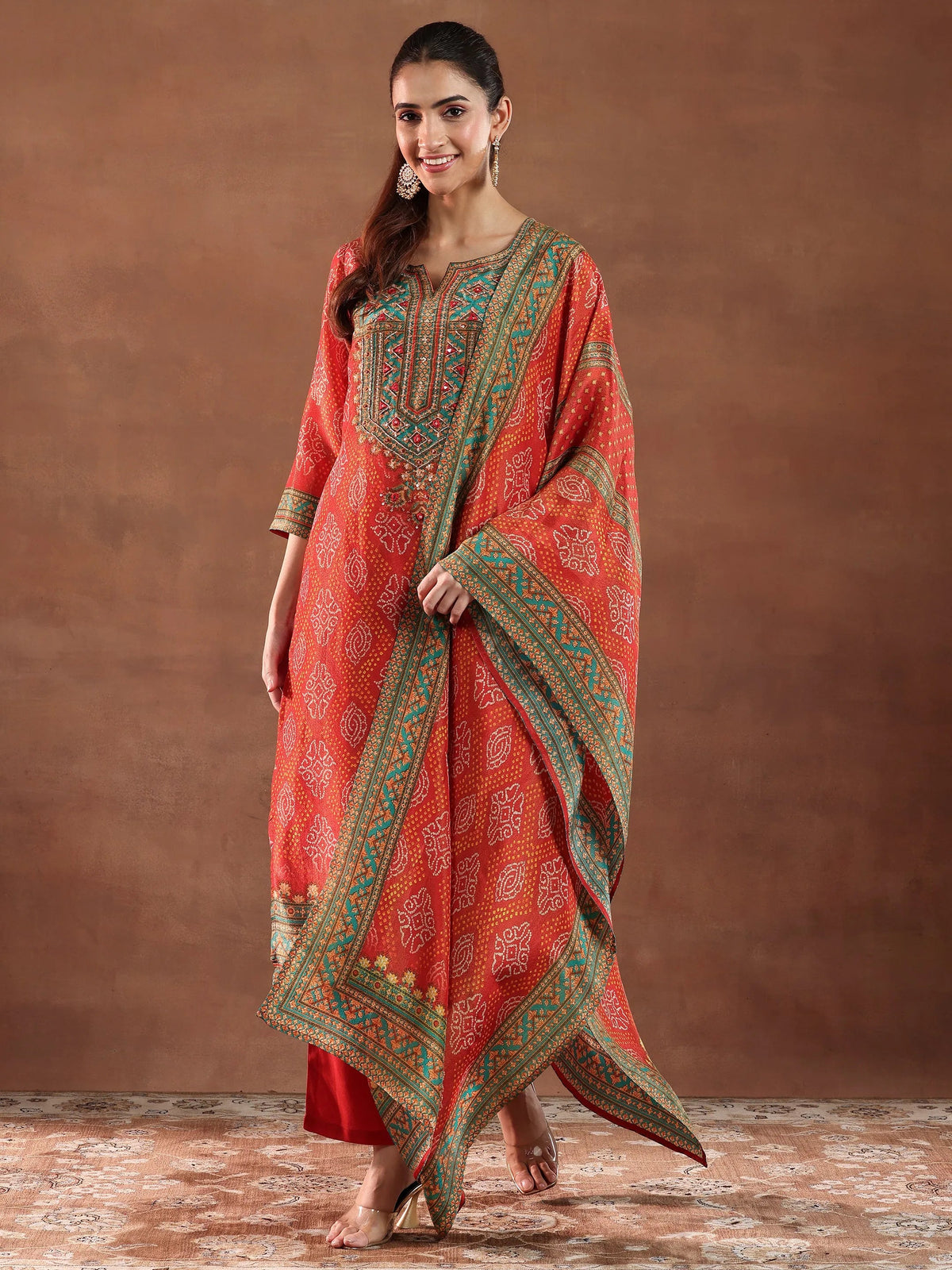 Anouk Orange Printed Silk Blend Straight Suit With Dupatta