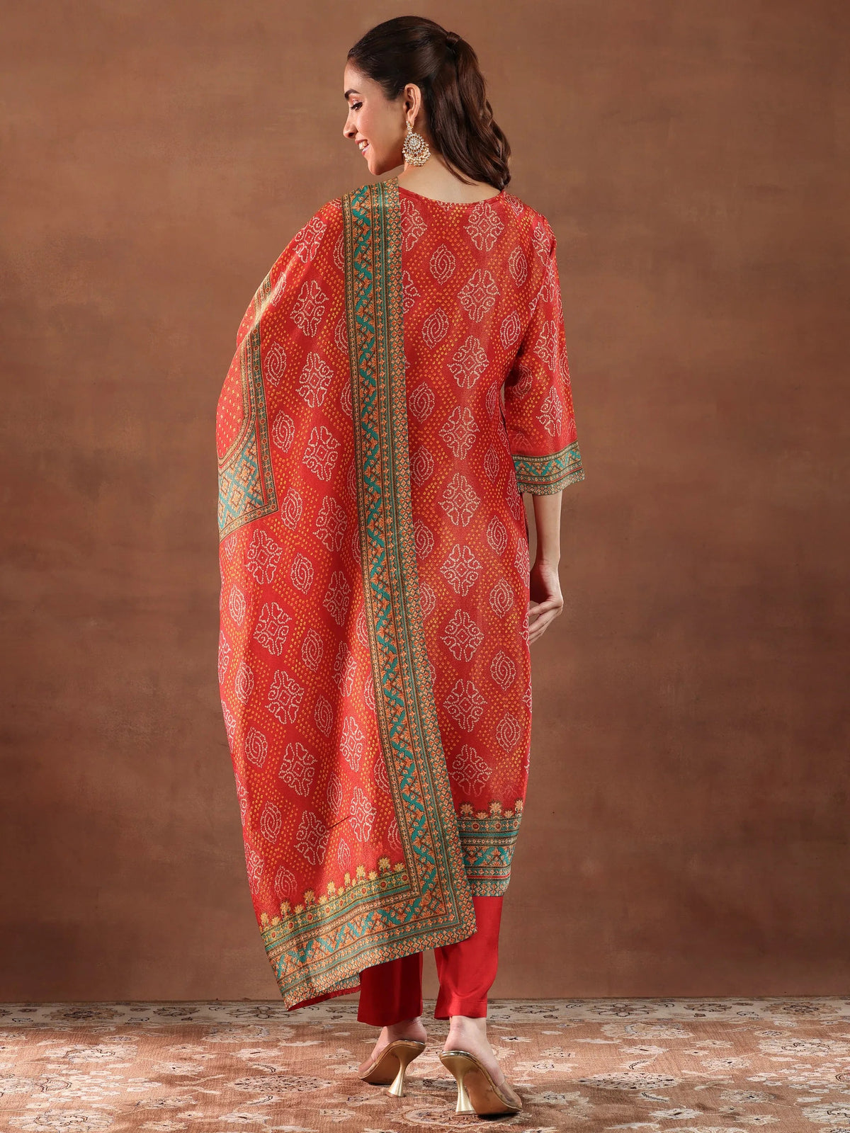 Anouk Orange Printed Silk Blend Straight Suit With Dupatta