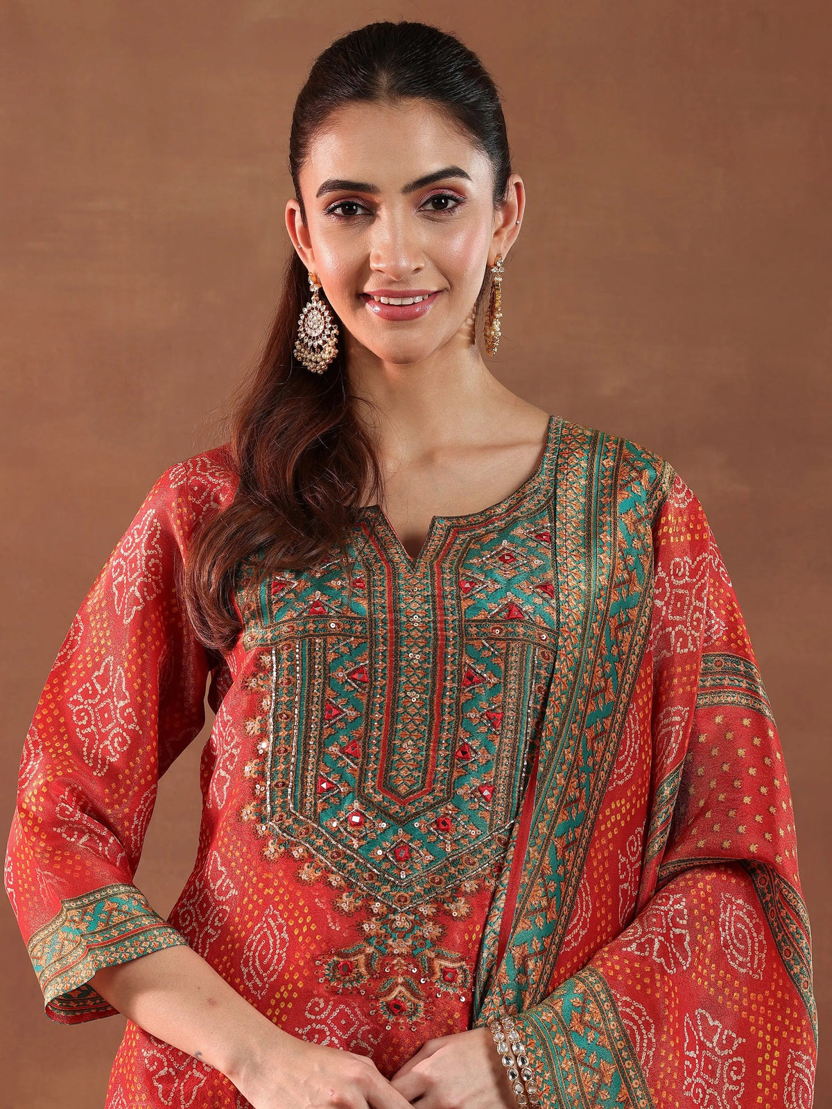 Anouk Orange Printed Silk Blend Straight Suit With Dupatta
