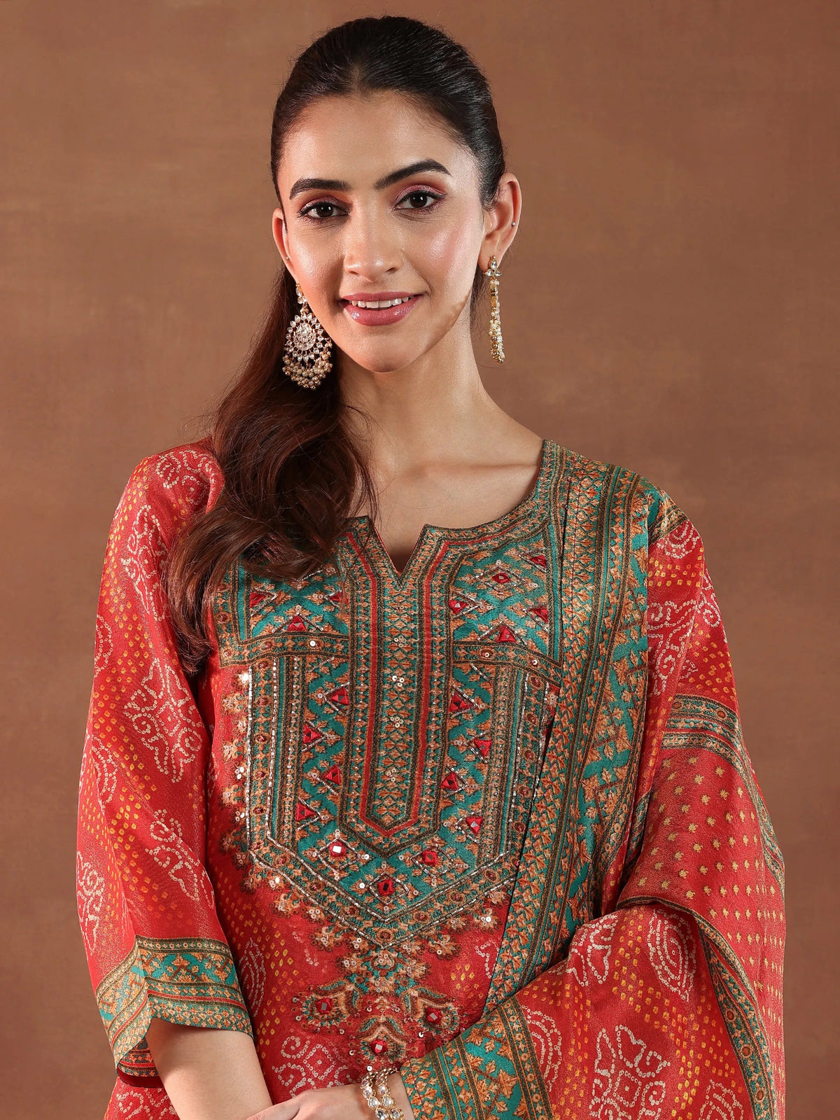 Anouk Orange Printed Silk Blend Straight Suit With Dupatta
