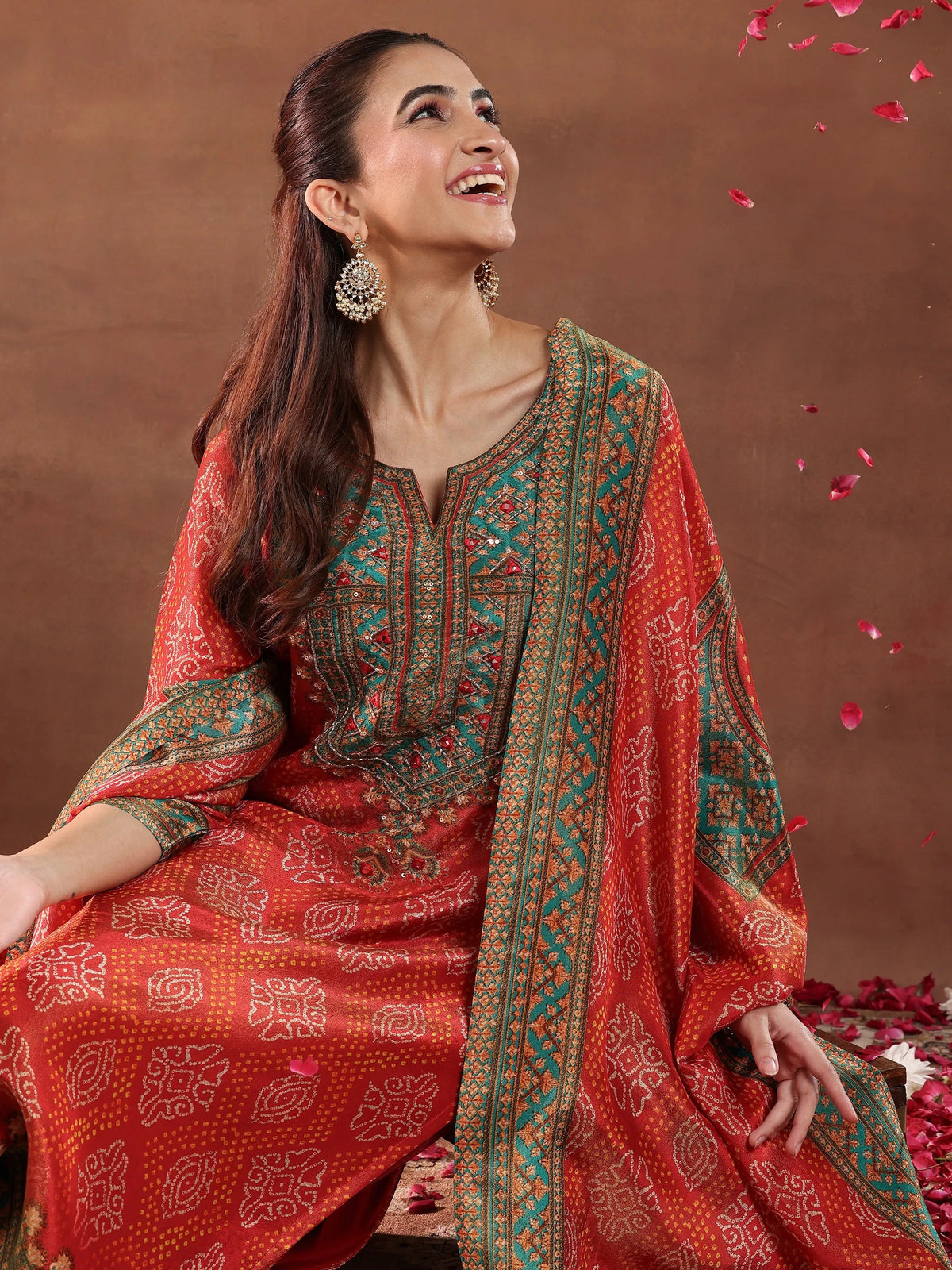 Anouk Orange Printed Silk Blend Straight Suit With Dupatta