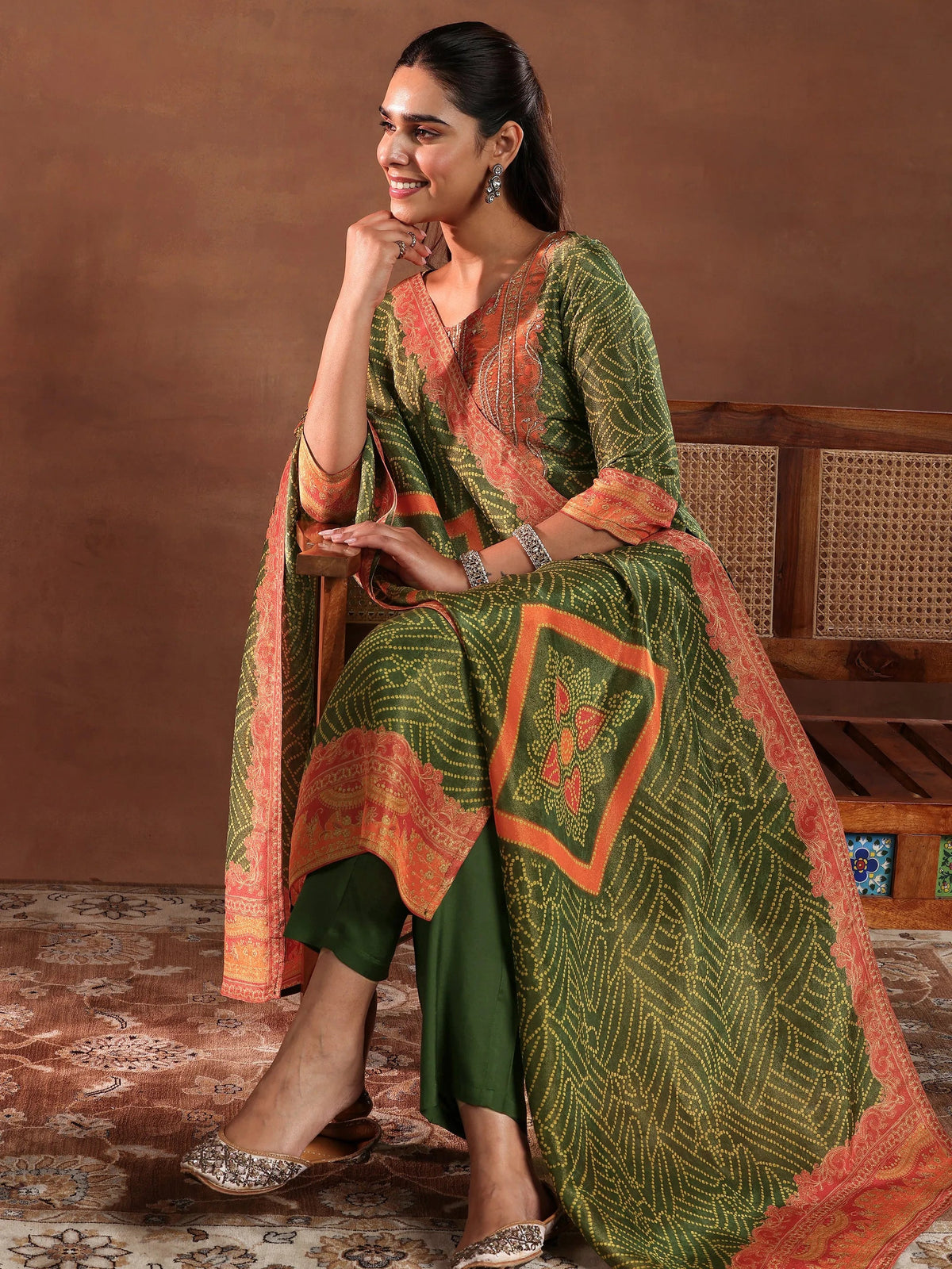 Anouk Green Printed Silk Blend Straight Suit With Dupatta