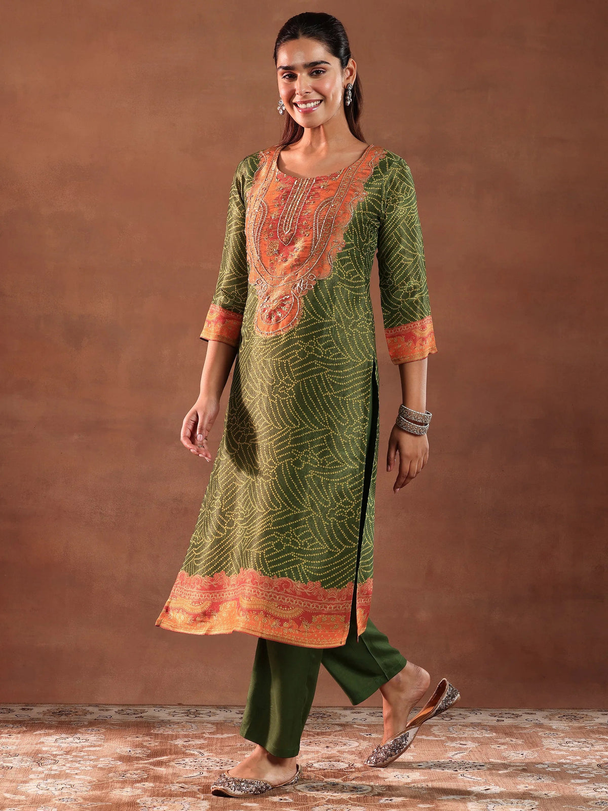 Anouk Green Printed Silk Blend Straight Suit With Dupatta