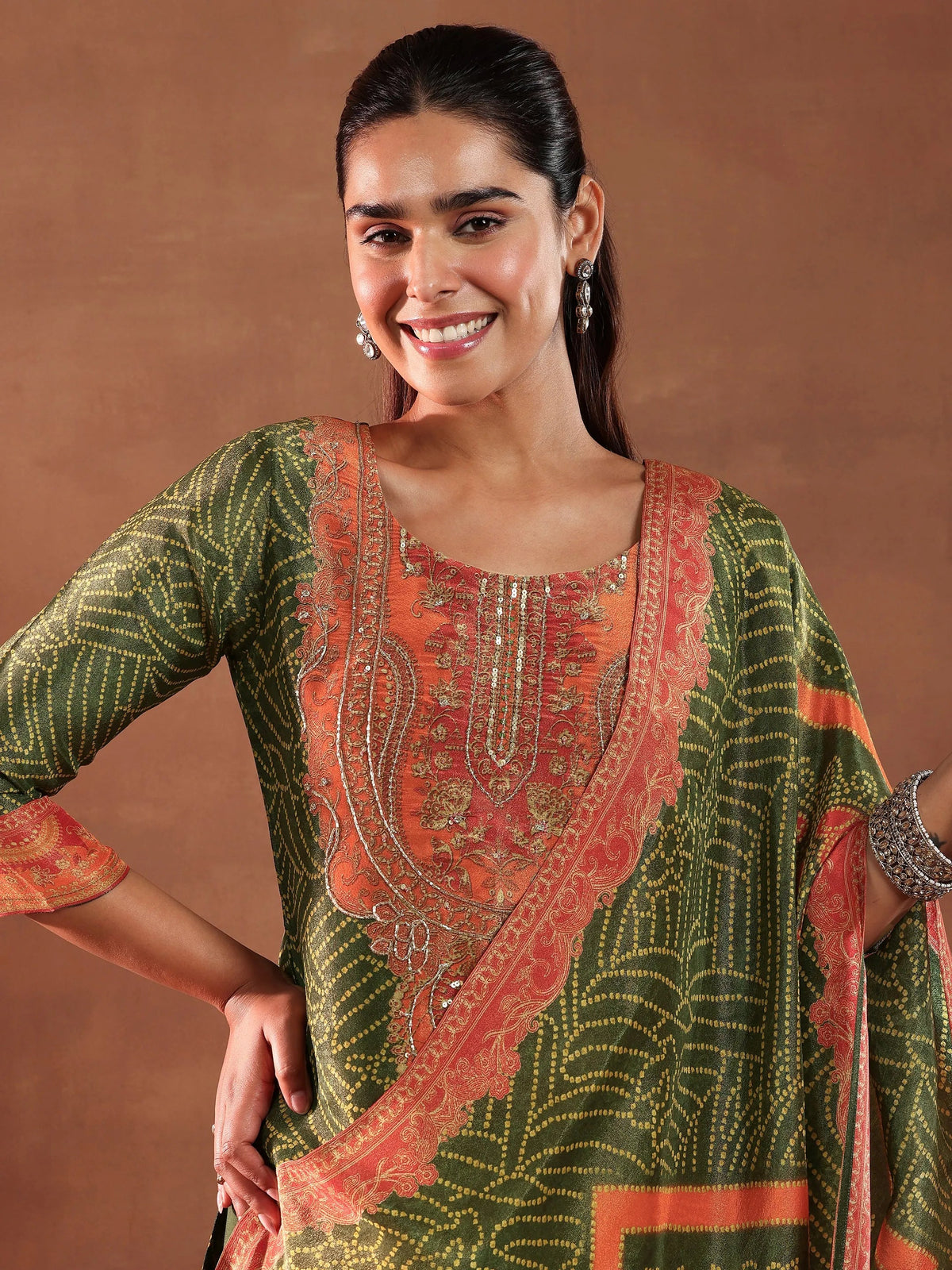 Anouk Green Printed Silk Blend Straight Suit With Dupatta