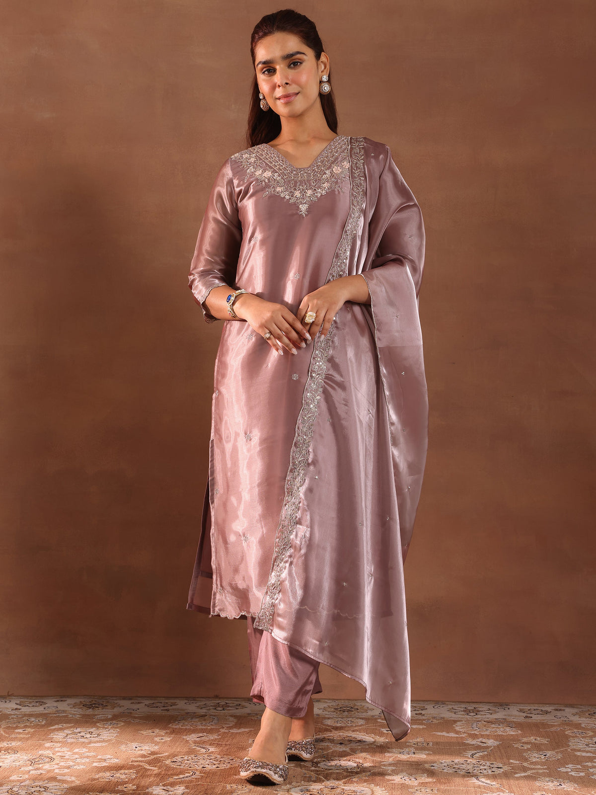 Anouk Mauve Yoke Design Tissue Straight Suit With Dupatta
