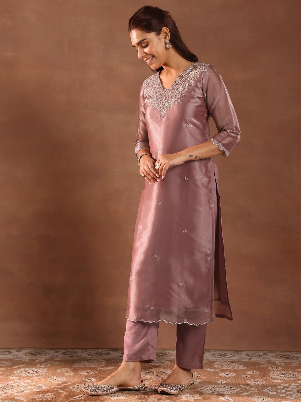 Anouk Mauve Yoke Design Tissue Straight Suit With Dupatta