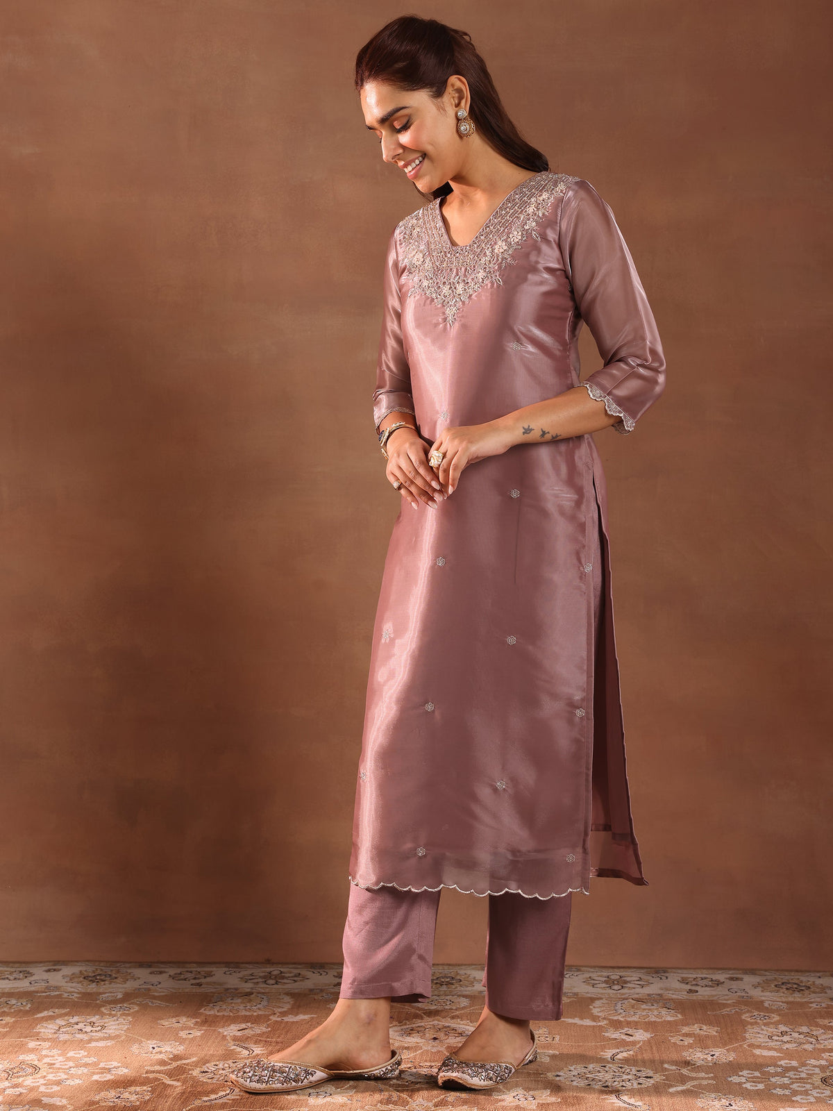 Anouk Mauve Yoke Design Tissue Straight Suit With Dupatta