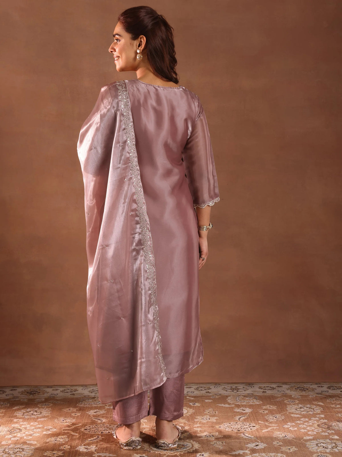 Anouk Mauve Yoke Design Tissue Straight Suit With Dupatta