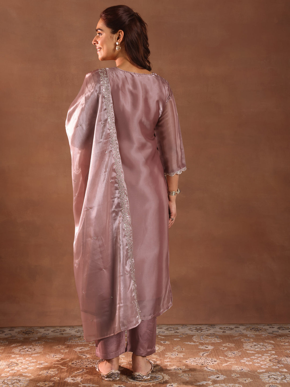 Anouk Mauve Yoke Design Tissue Straight Suit With Dupatta