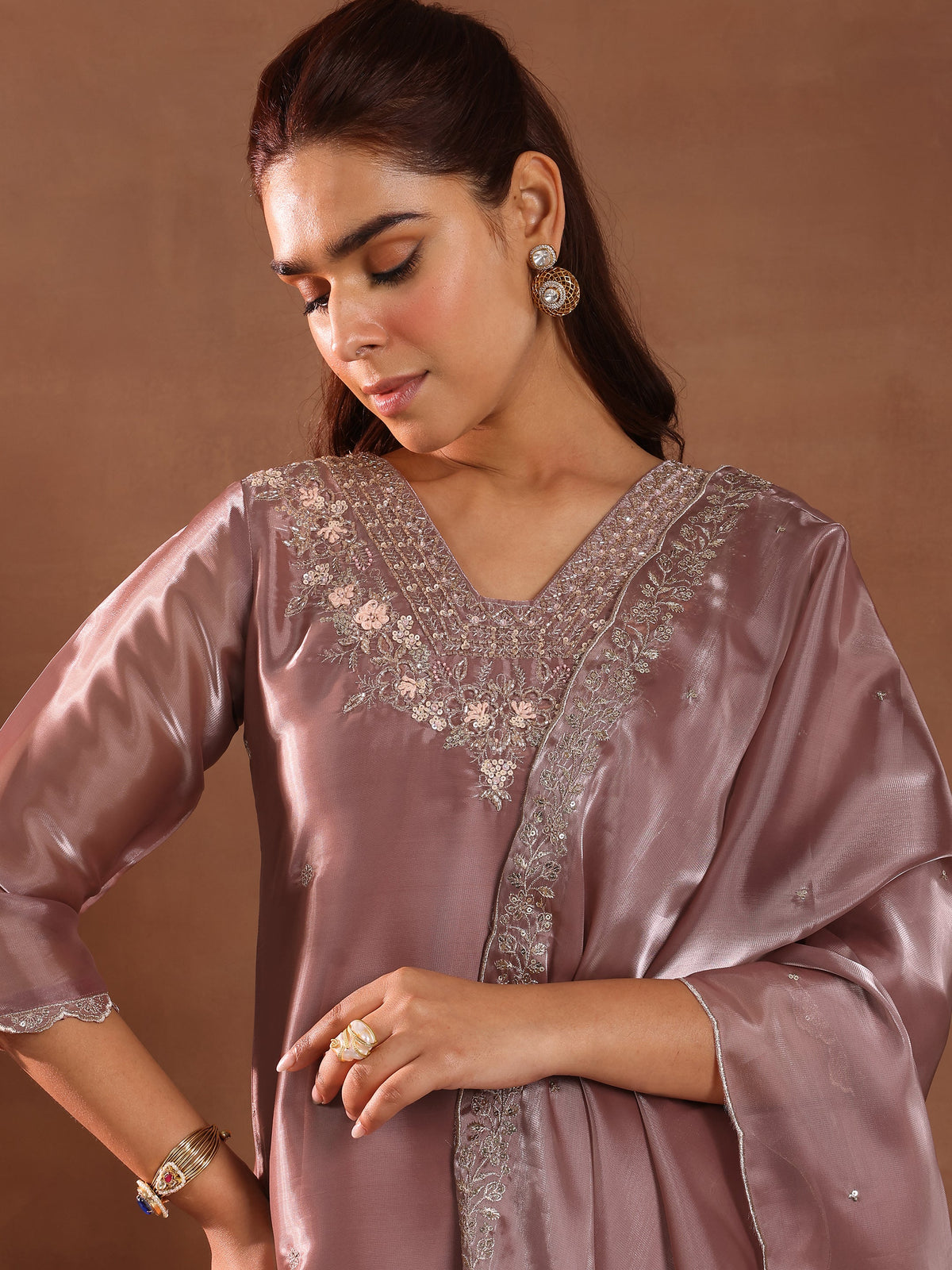 Anouk Mauve Yoke Design Tissue Straight Suit With Dupatta