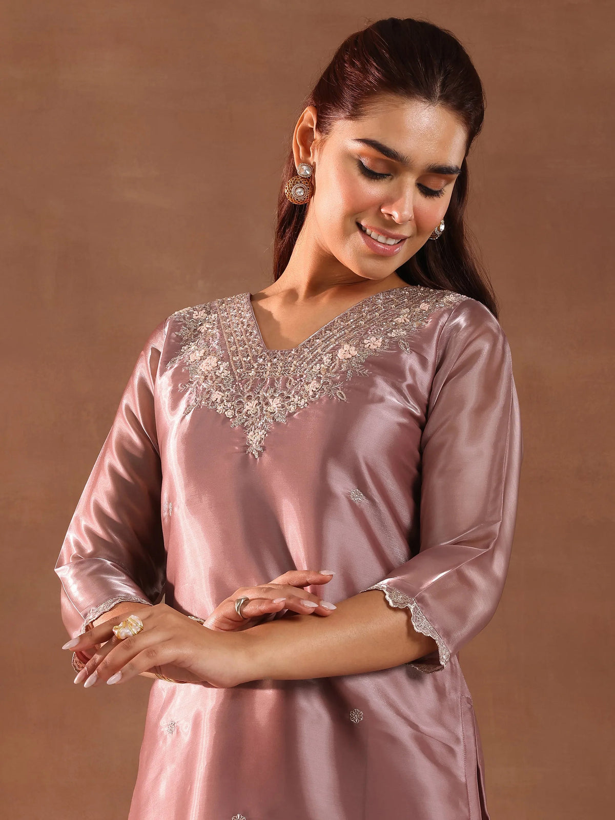Anouk Mauve Yoke Design Tissue Straight Suit With Dupatta
