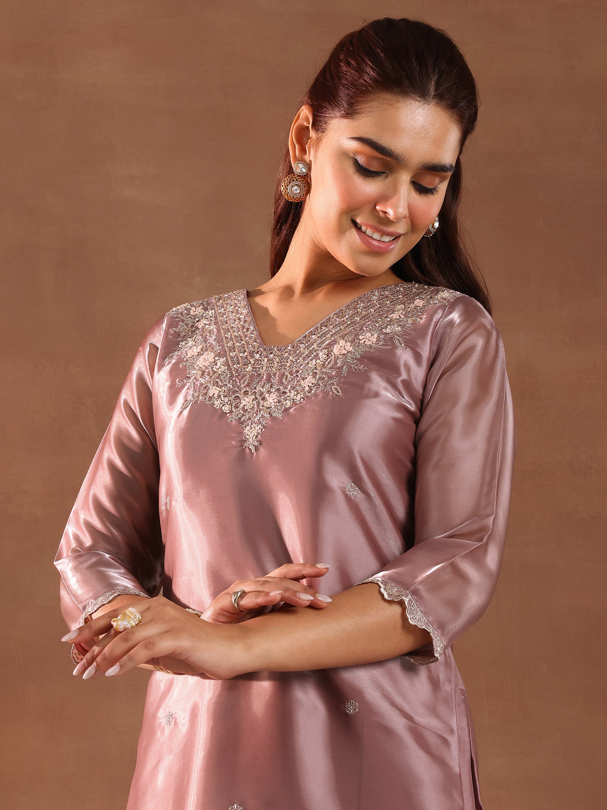 Anouk Mauve Yoke Design Tissue Straight Suit With Dupatta